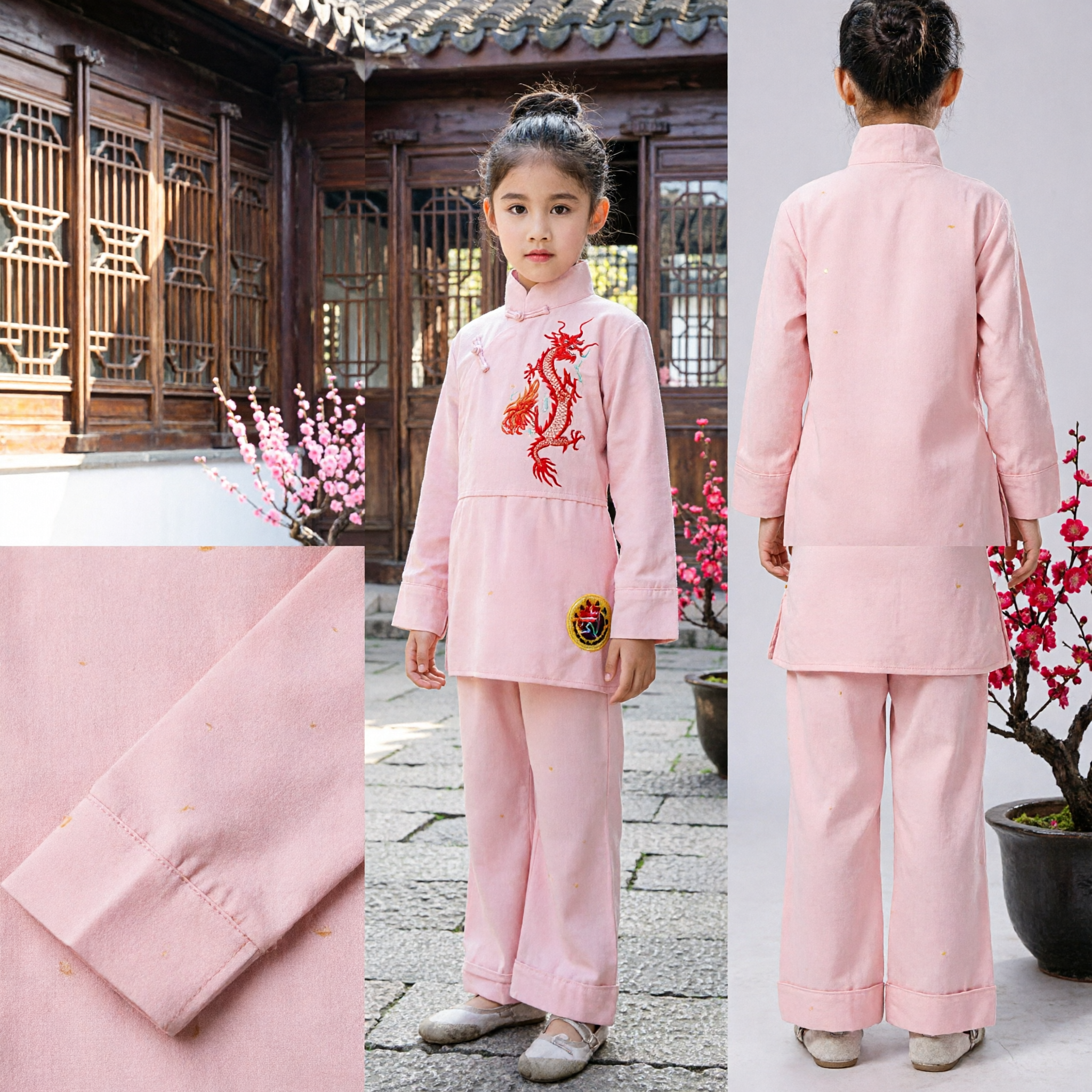 Kids Girls Pink Chinese Kung Fu Uniform Traditional Wushu Martial Arts Costume Dragon Embroidery Set - Asian Costume
