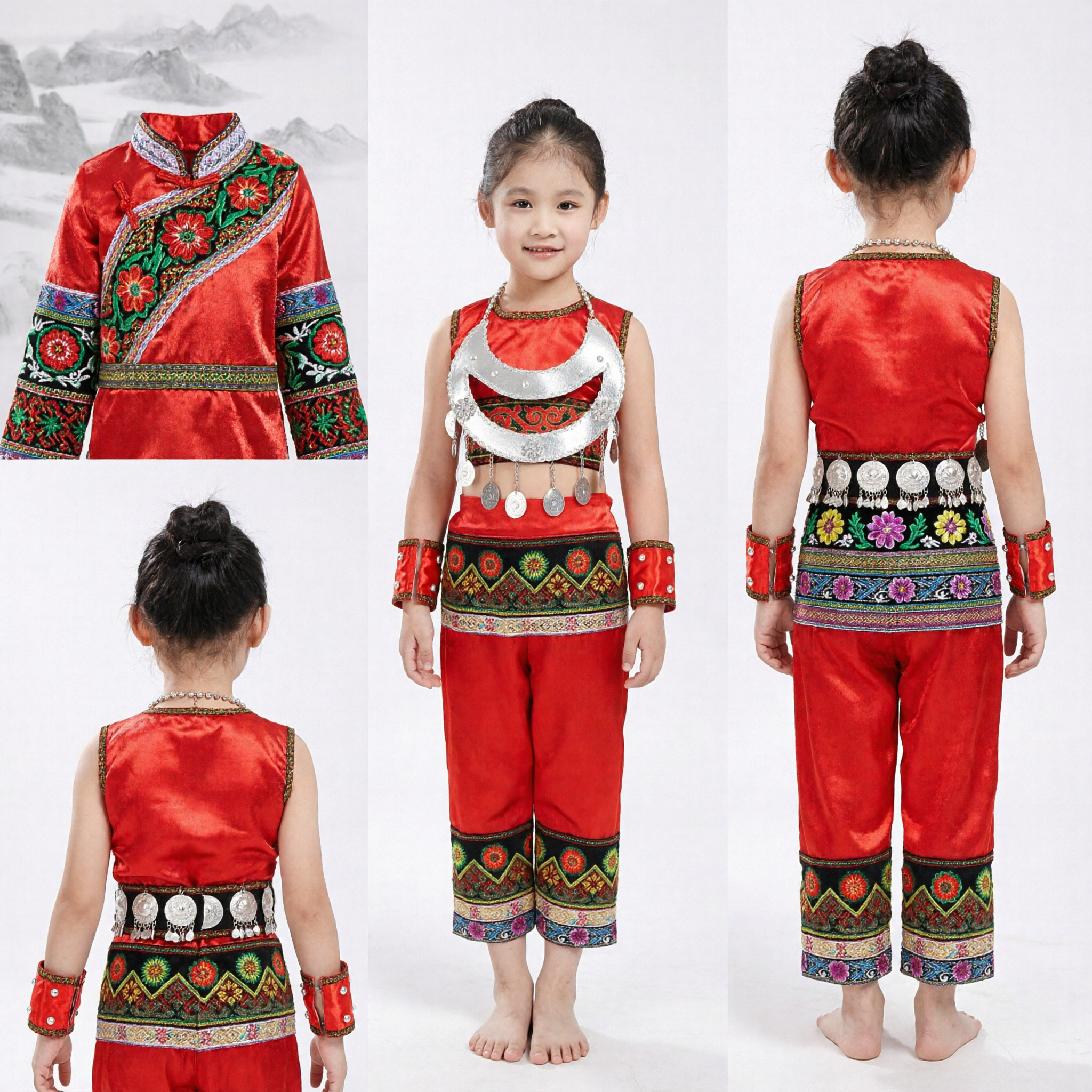 Kids Girls Chinese Miao Ethnic Minority Dance Costume Red Traditional Performance Outfit with Silver Jewelry Accessories - Asian Costume