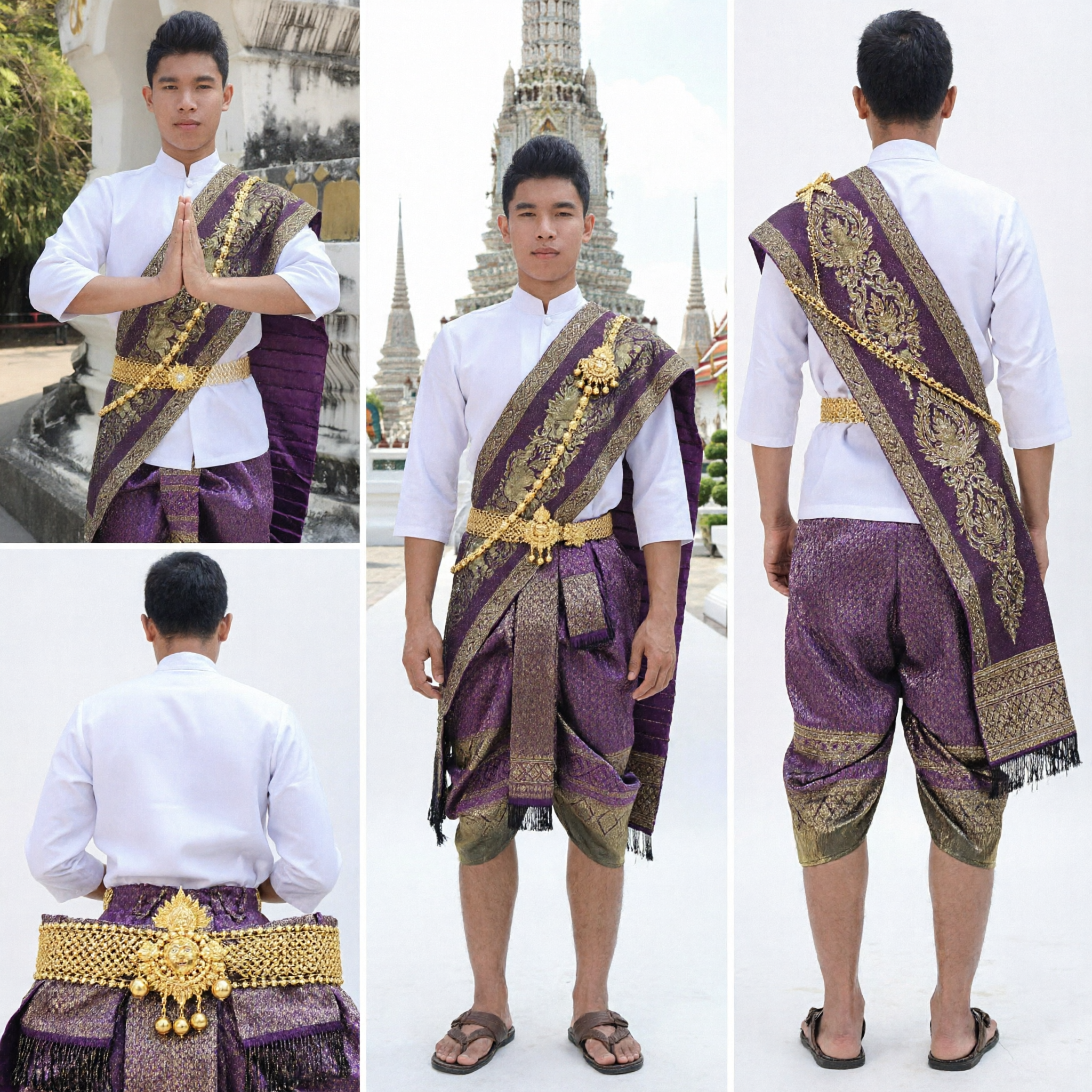 Men's Traditional Thai National Costume Purple Gold Patterned Sampot and Sabai Shawl Set for Cultural Dance Wedding - Asian Costume