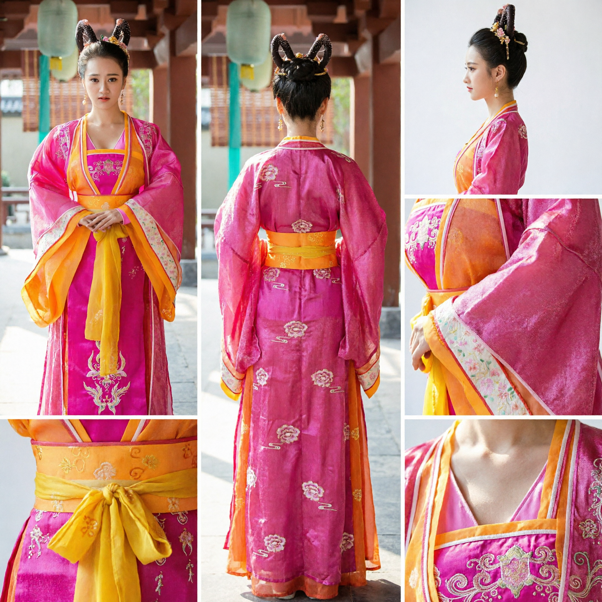 Chinese Ancient Palace Lady Costume Tang Dynasty Princess Hanfu Pink Orange Embroidered Dress for Women - Asian Costume