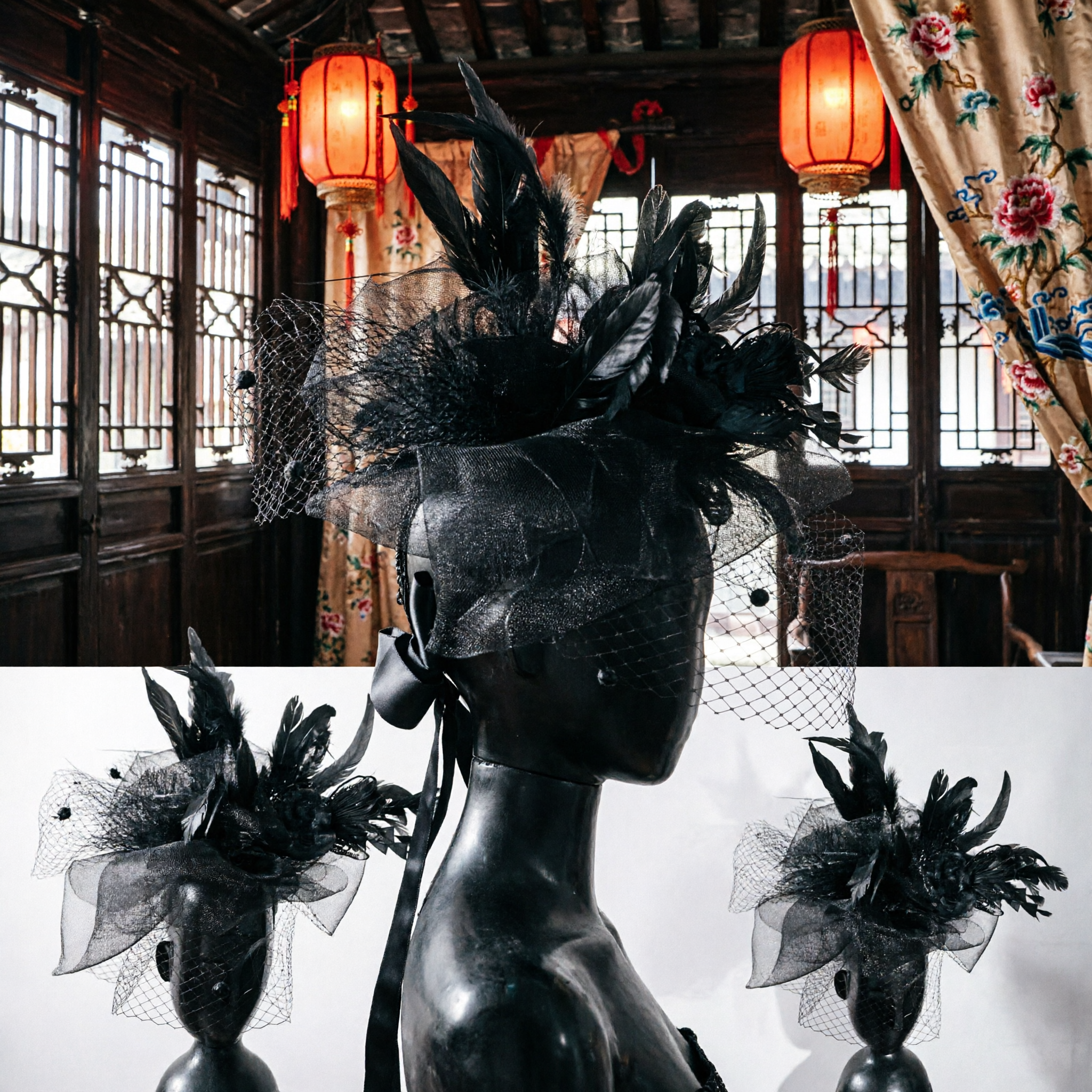 Elegant Black Feather Fascinator with Birdcage Veil for Women Formal Wedding Party Race Day Hat - Asian Costume