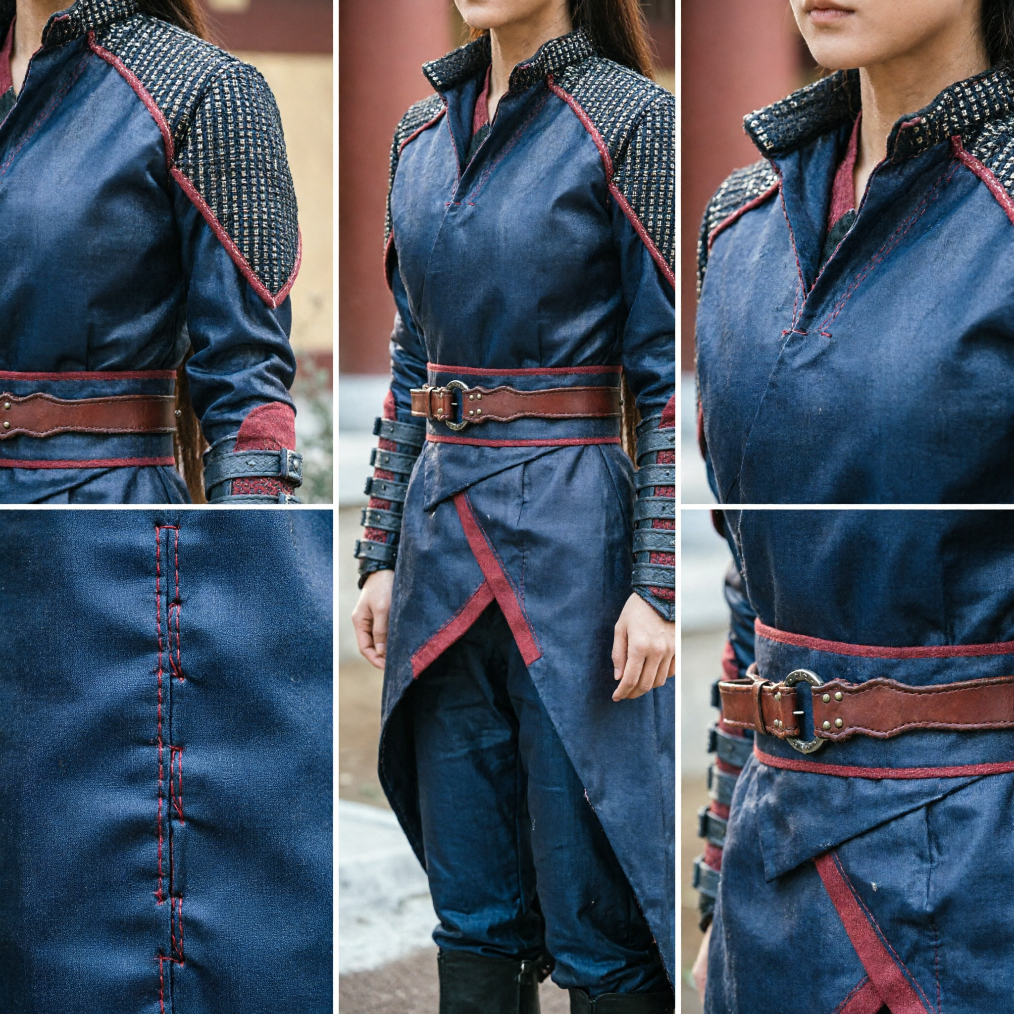 Ancient Chinese Wuxia Swordswoman Costume Navy Blue Leather Armor Warrior Hanfu Outfit for Women Cosplay - Asian Costume