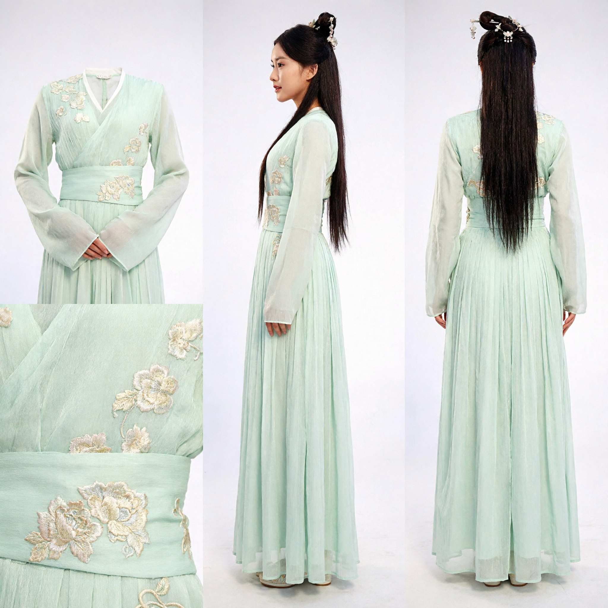 Elegant Mint Green Hanfu Dress Traditional Chinese Ancient Costume for Women with Floral Embroidery for Stage Performance - Asian Costume