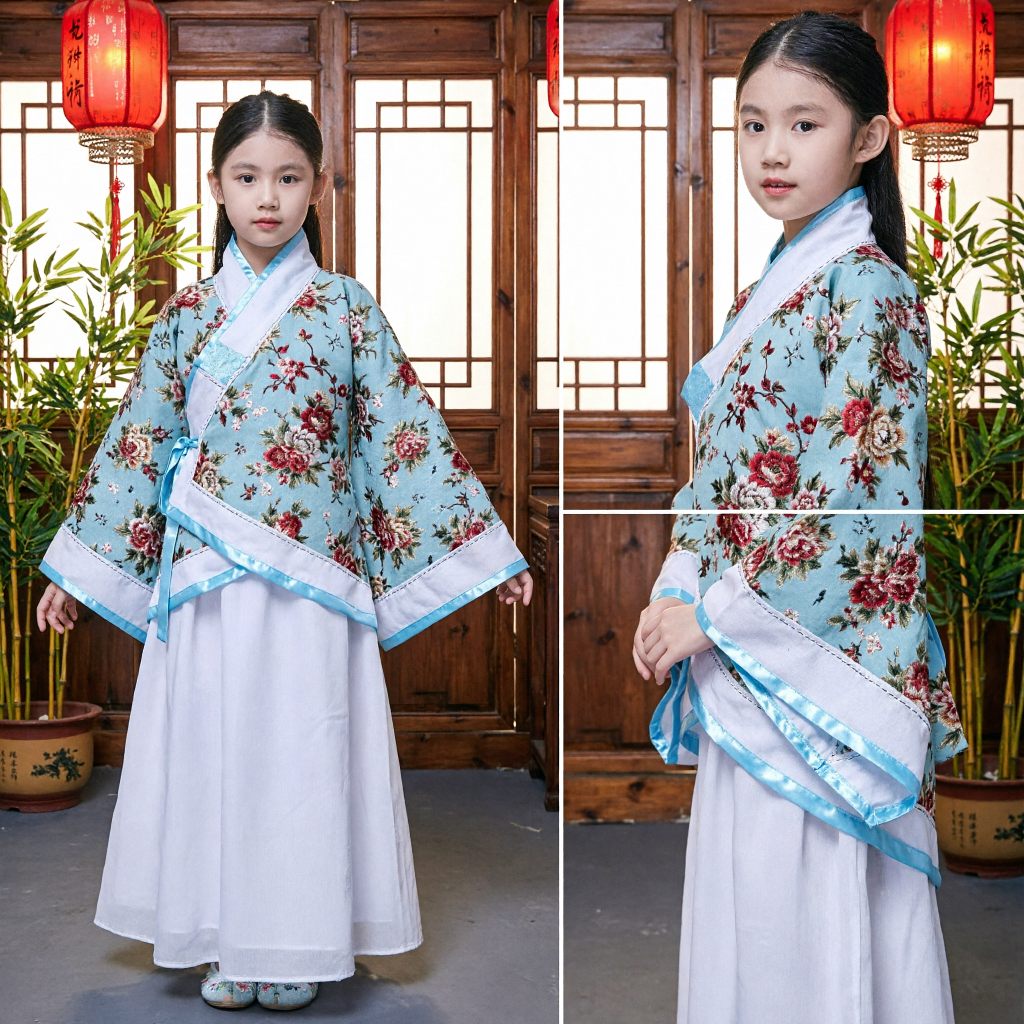 Traditional Chinese Classical Dance Costume for Girls Floral Embroidery Blue Jacket White Skirt Folk Performance - Asian Costume