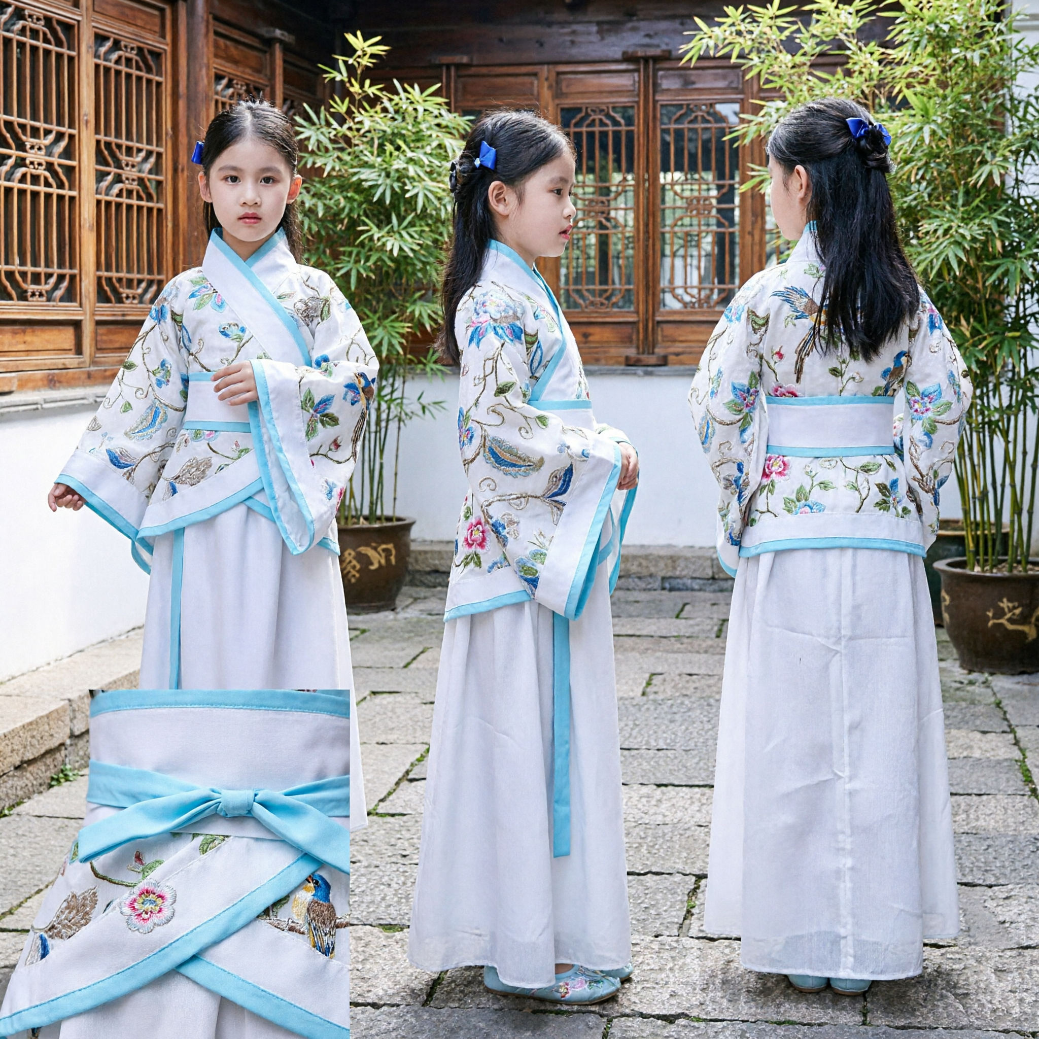Traditional Chinese Hanfu for Kids Girls Ancient Embroidered Blue Robe Skirt Set Cultural Performance Costume - Asian Costume