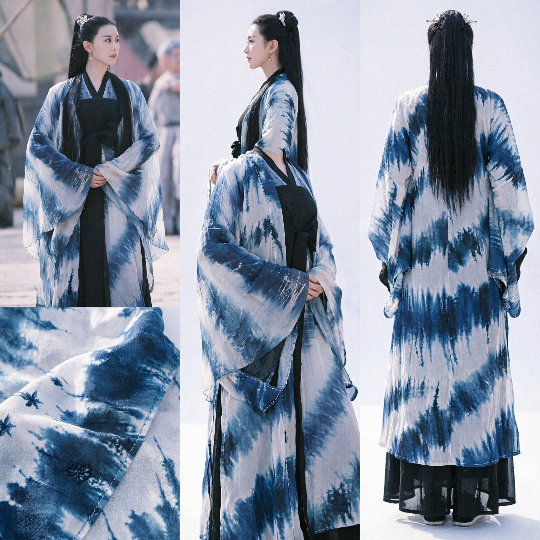 Ancient Chinese Hanfu Costume Blue Tie-Dye Wide Sleeve Robe for Women Wuxia Historical Cosplay Dress - Asian Costume