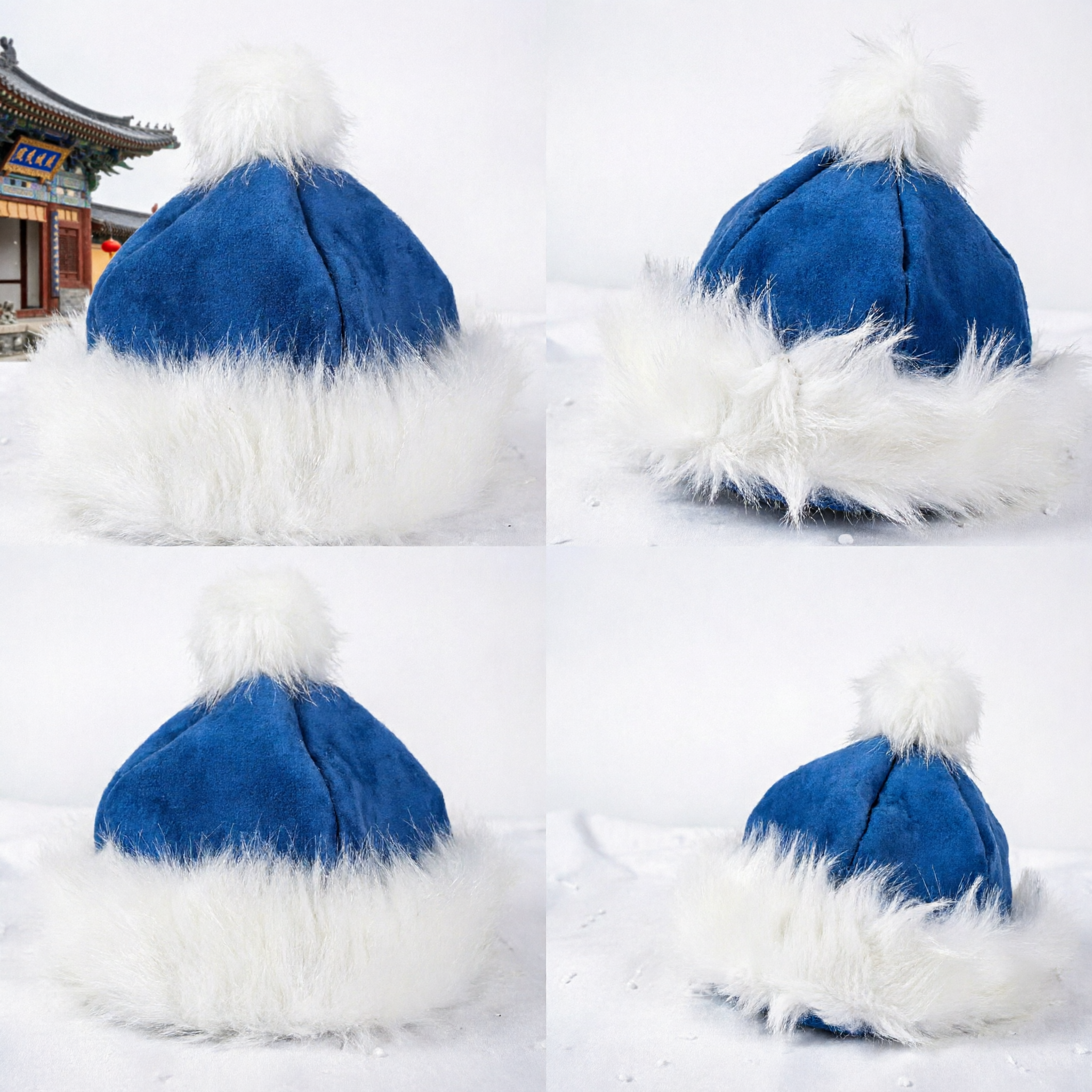 Traditional Chinese Blue Velvet Winter Hat with Thick White Fur Trim Ancient Costume Accessory for Adults - Asian Costume