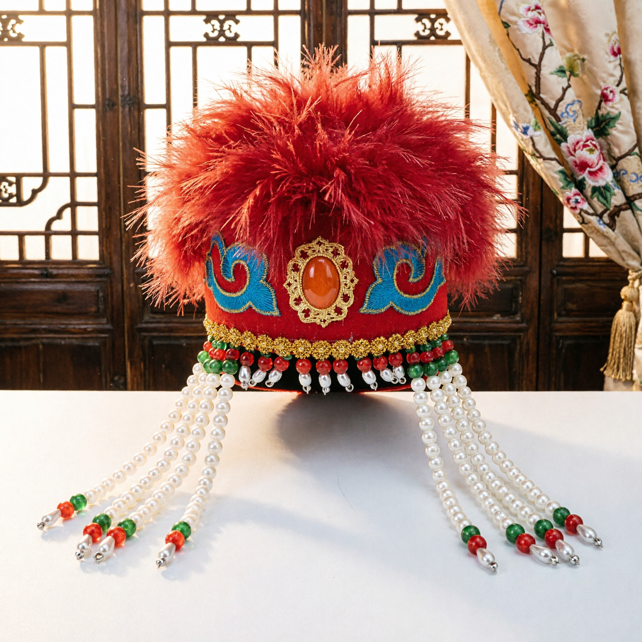 Traditional Chinese Mongolian Style Red Fur Hat with Pearl Tassels for Women Folk Dance Costume - Asian Costume
