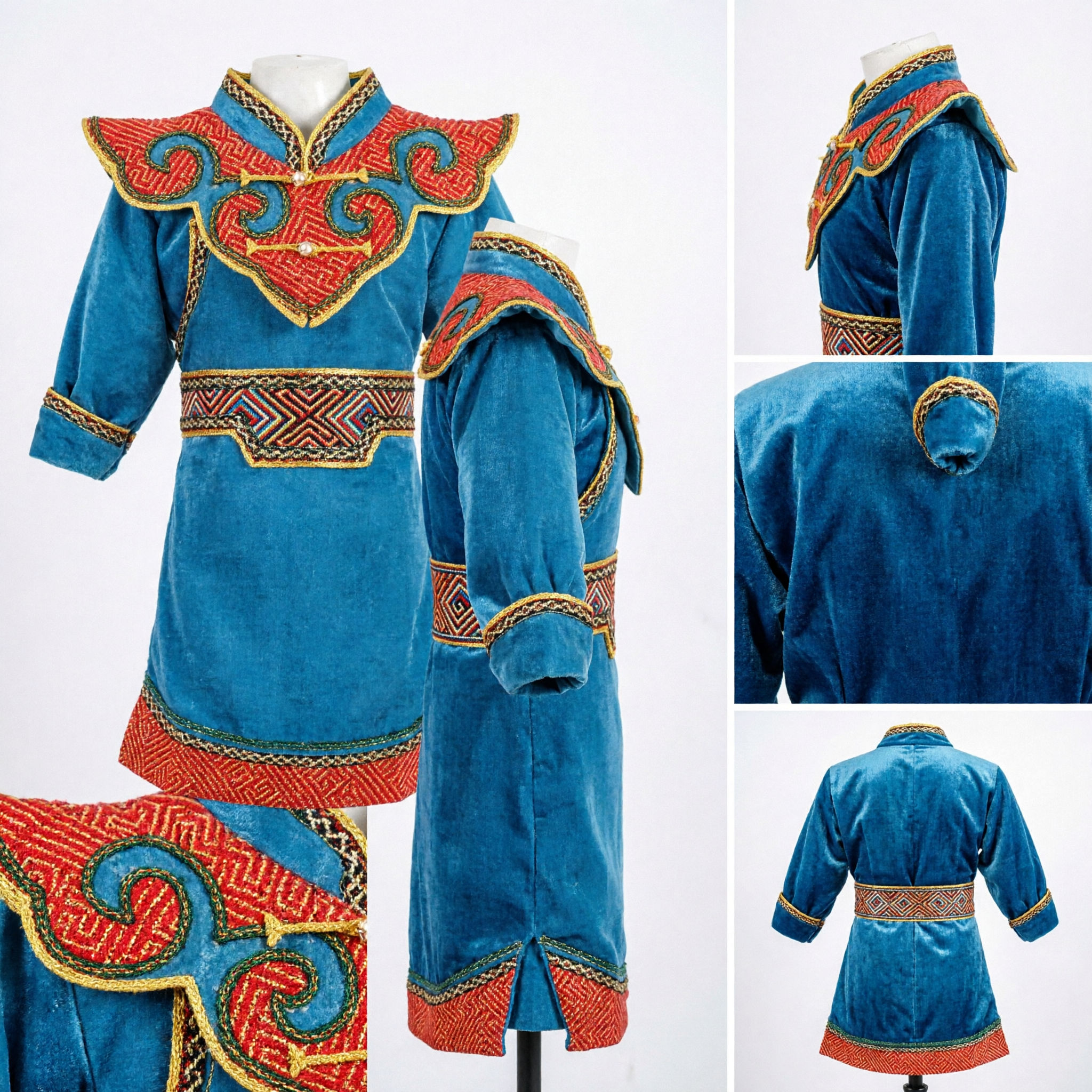Men's Blue Traditional Mongolian Ethnic Dance Costume Chinese Folk Performance Robe with Gold Trim - Asian Costume