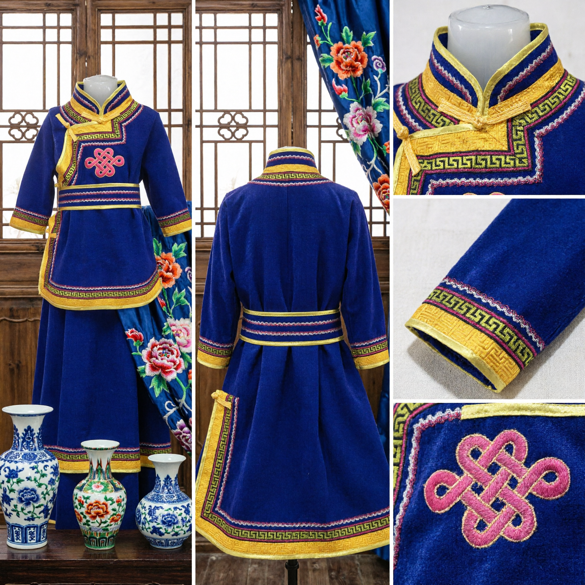 Children's Traditional Mongolian Blue Robe Ethnic Dance Costume with Auspicious Knot Embroidery for Cultural Festivals - Asian Costume