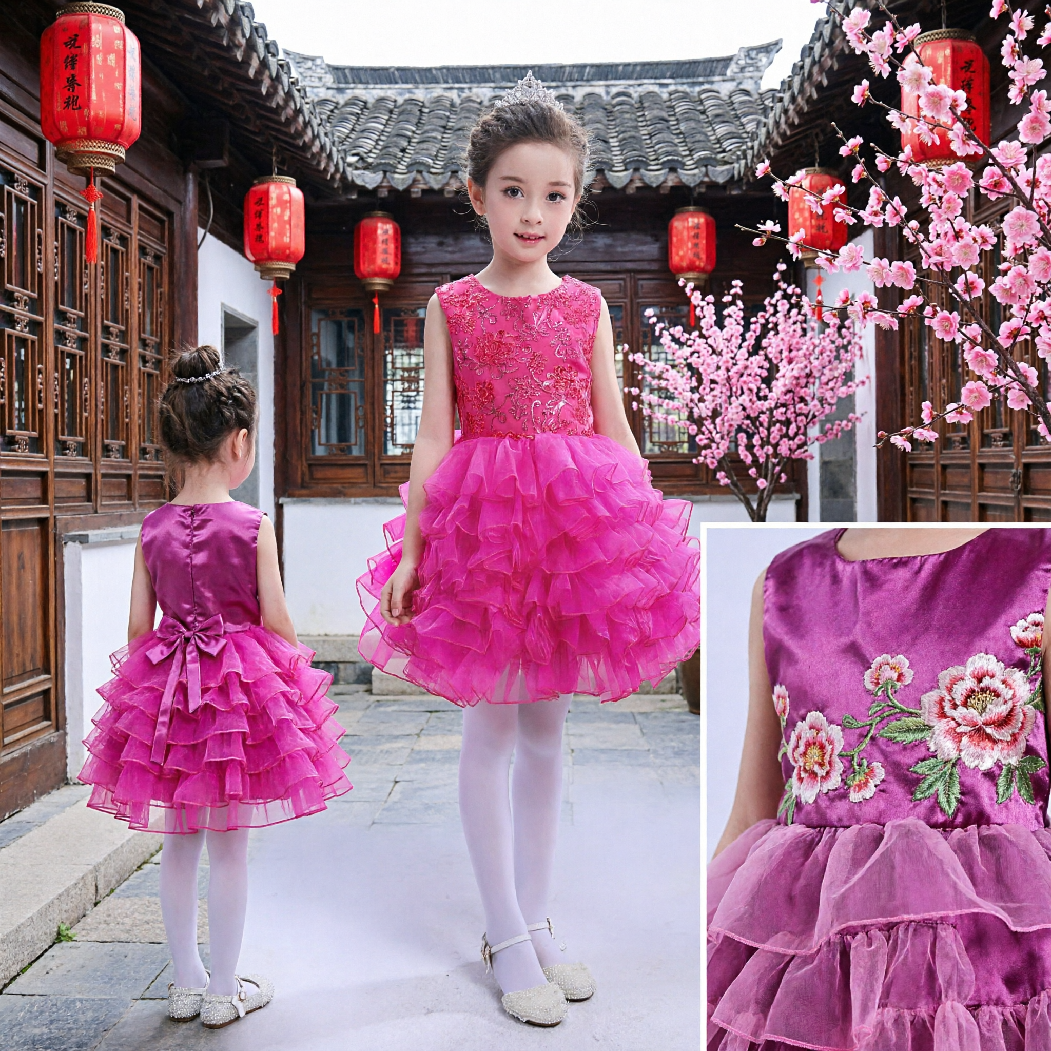 Girls Rose Red Sequin Princess Dress Sleeveless Ruffle Tulle Skirt Formal Party Wedding Flower Girl Gown - Asian Costume