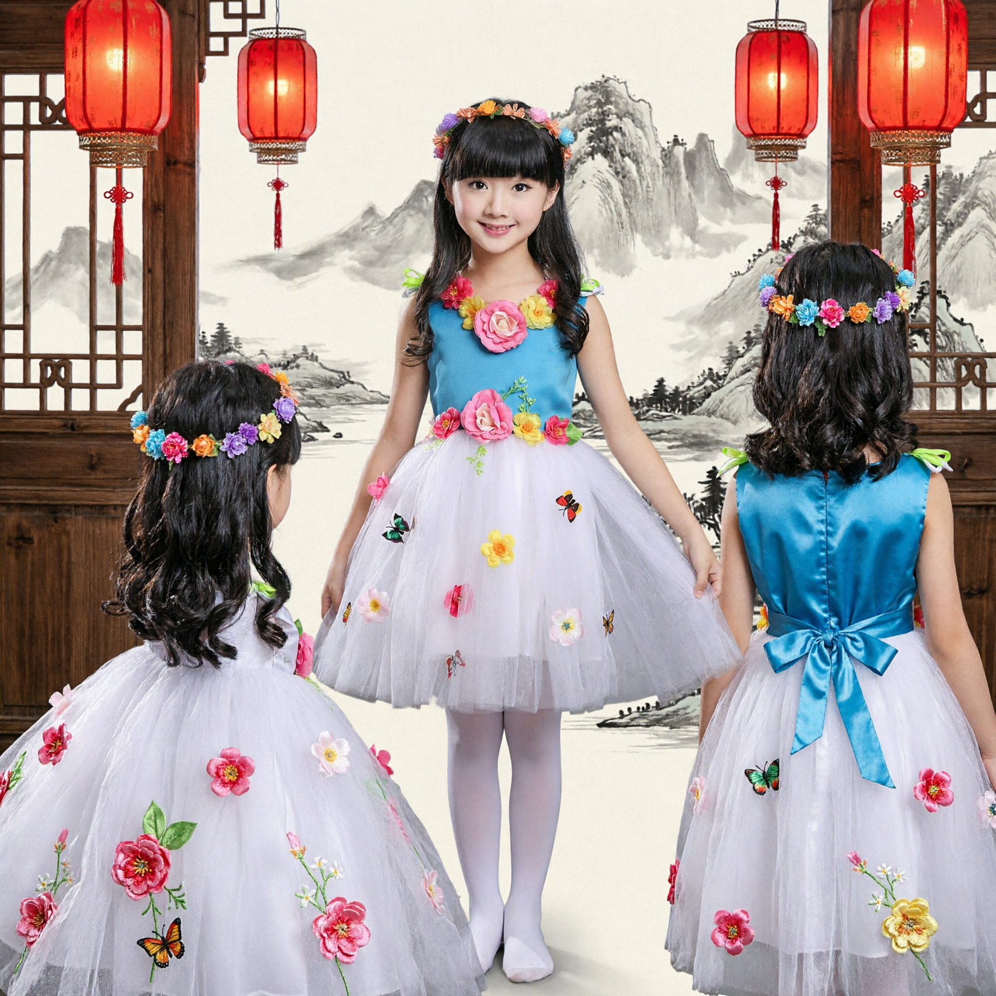 Girls Blue Floral Tutu Dress with 3D Flowers and Butterflies for Stage Performance and Party - Asian Costume