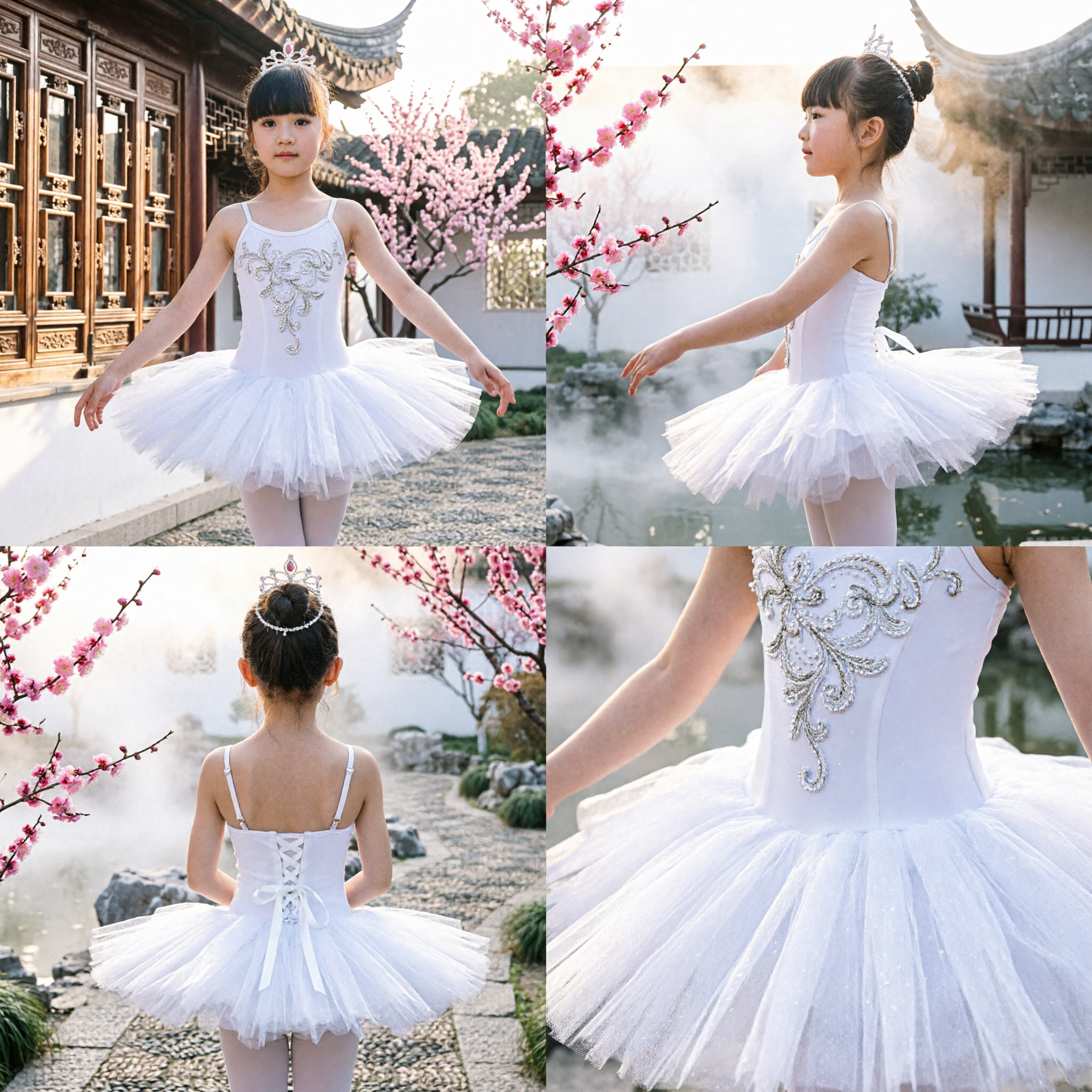 Kids White Ballet Tutu Dress Girls Dance Performance Recital Costume with Sparkly Silver Bodice - Asian Costume