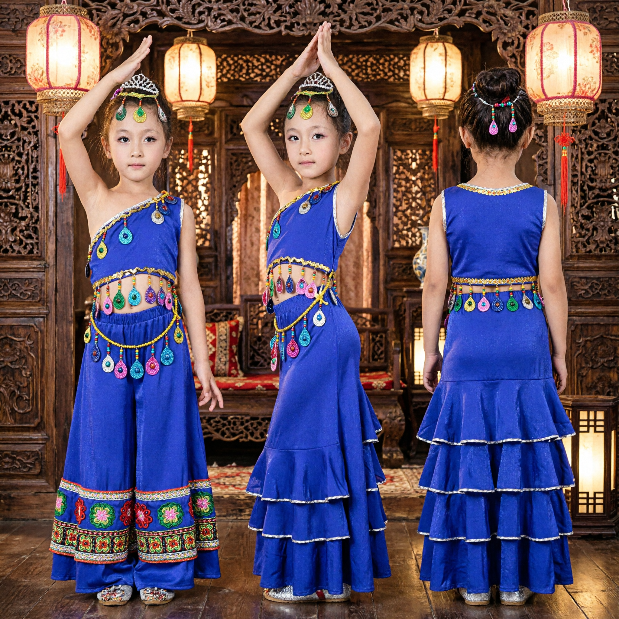 Blue Chinese Dai Ethnic Minority Dance Costume for Kids Girls Peacock Stage Performance Dress - Asian Costume