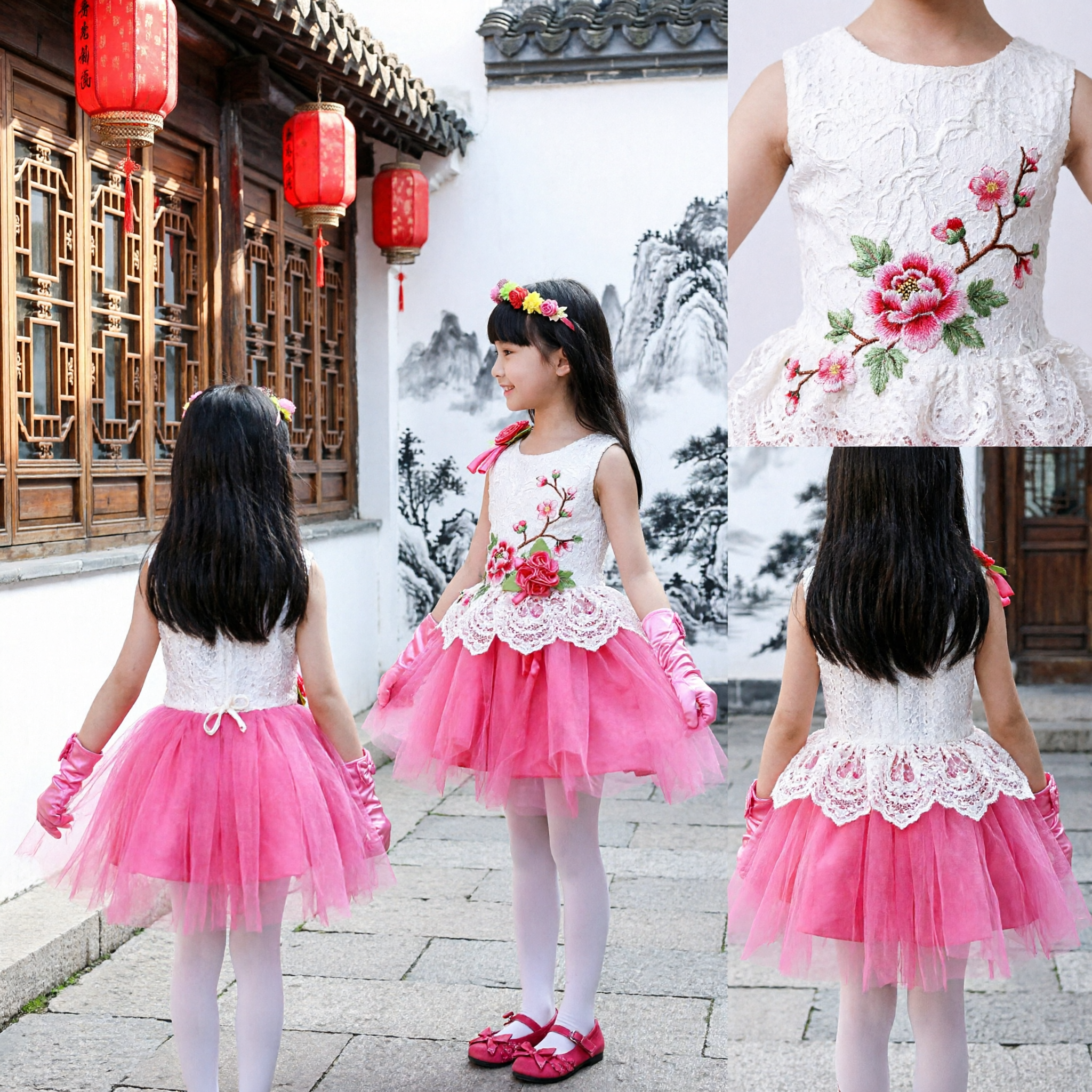 Girls Pink Tulle Tutu Dress with White Sequin Top and Rose Accents for Stage Performance Dance Recital - Asian Costume