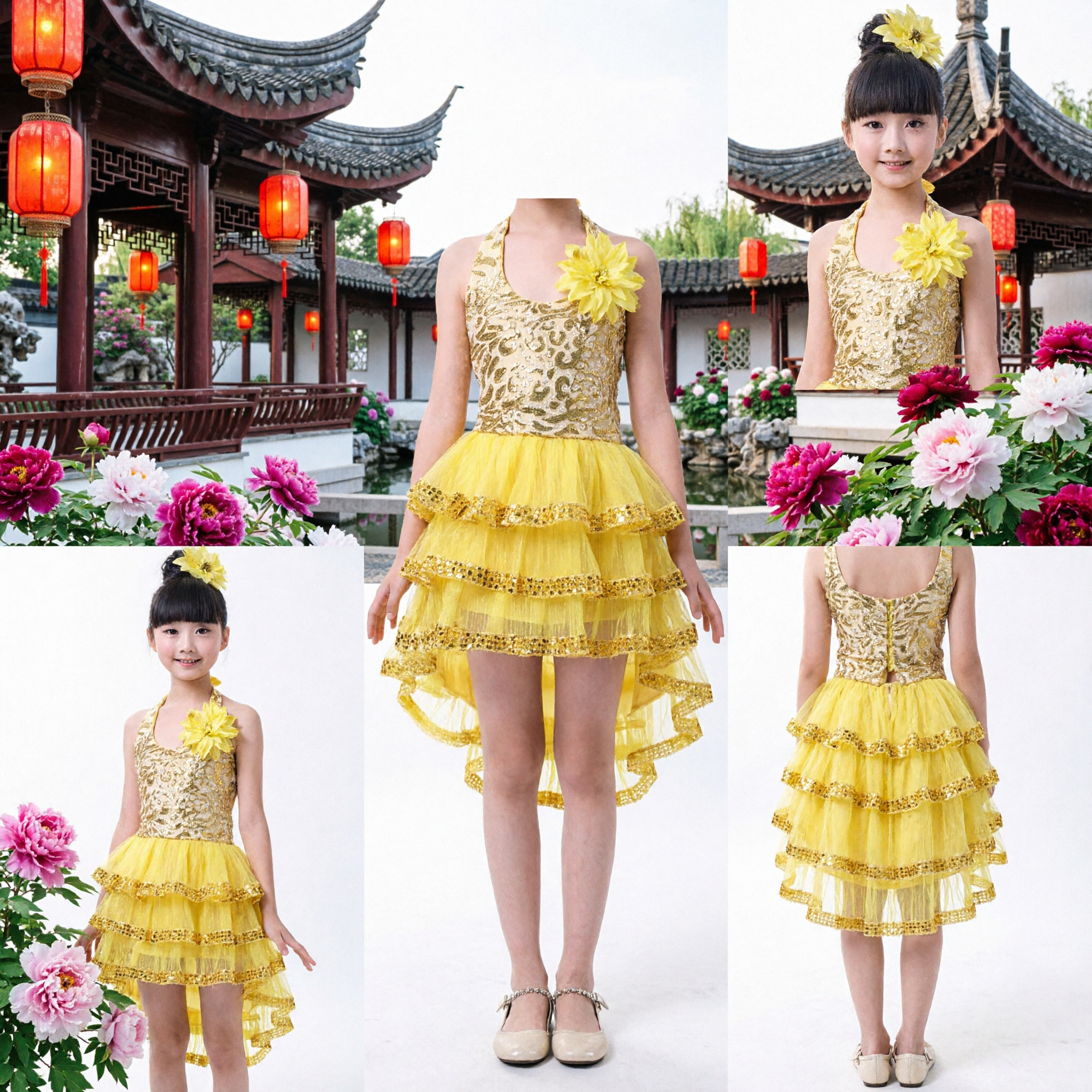 Kids Girls Yellow Latin Dance Dress Sequin Ruffle Ballroom Costume for Stage Performance Competition - Asian Costume