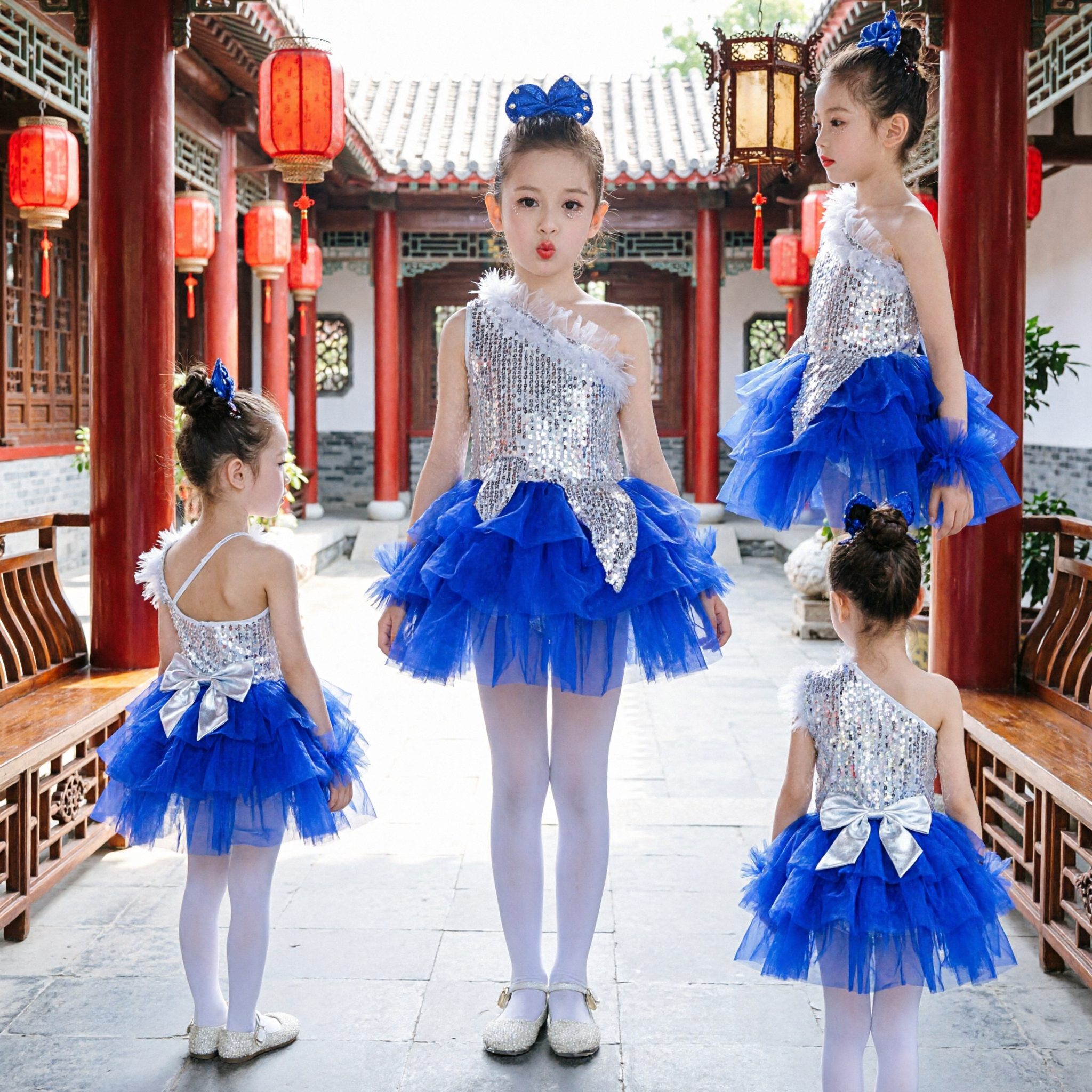 Kids Girls Royal Blue Sequin One-Shoulder Dance Costume Layered Tulle Tutu Dress for Stage Performance - Asian Costume