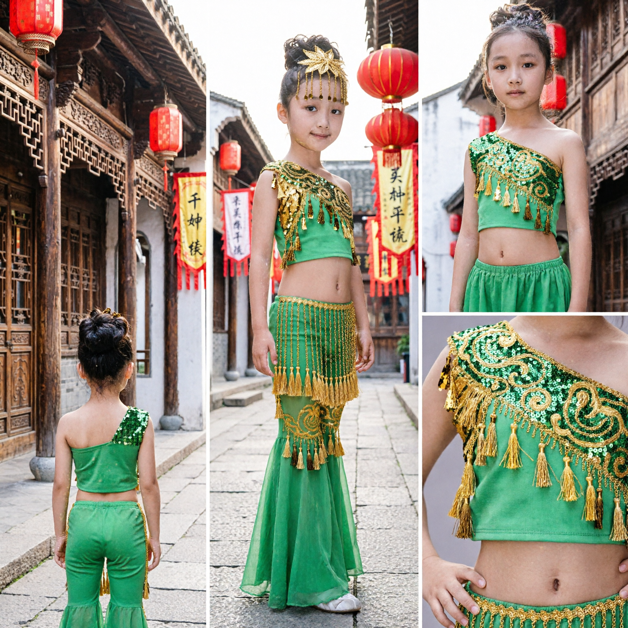 Girls Green Dai Peacock Dance Costume Kids Traditional Chinese Ethnic Stage Performance Outfit Set - Asian Costume