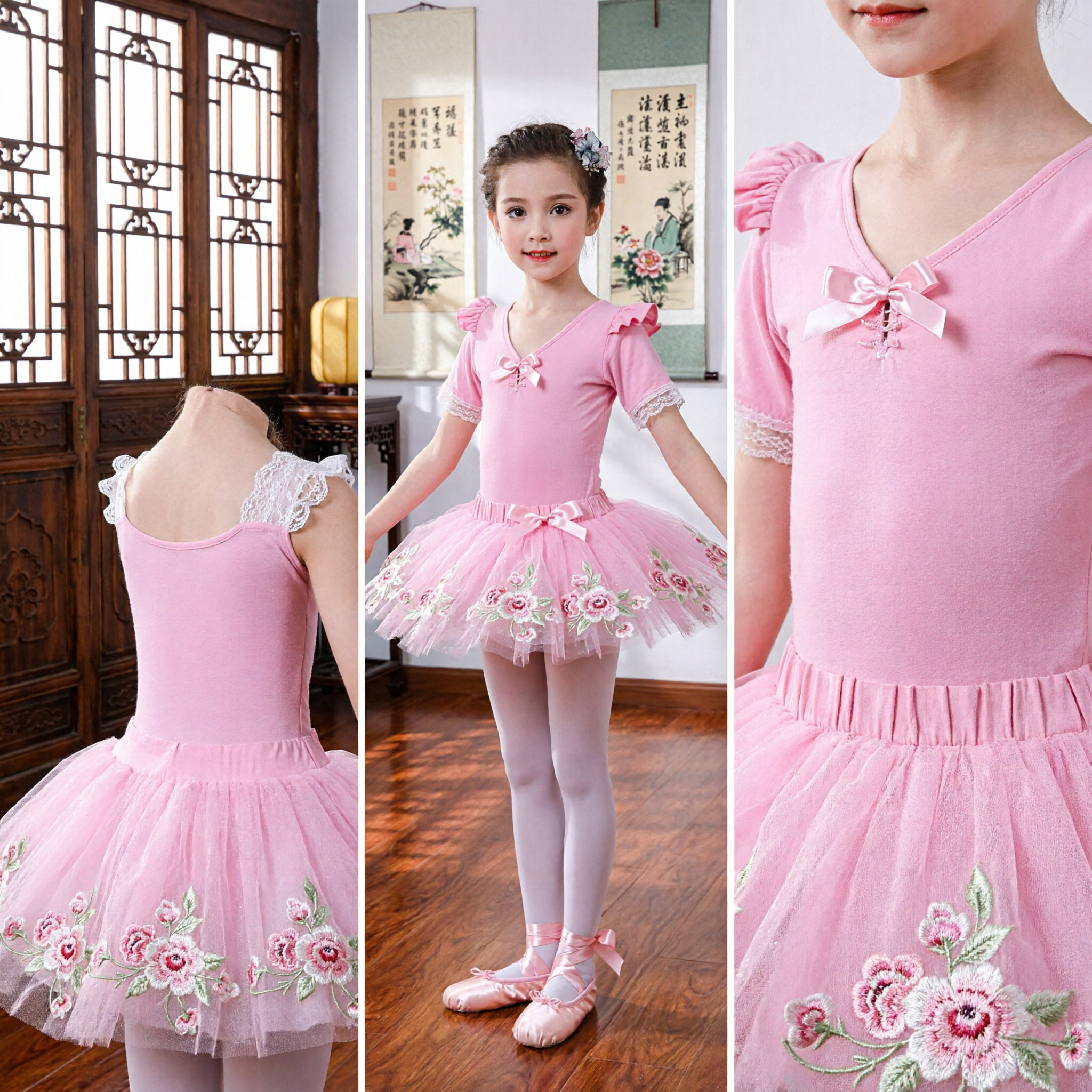 Kids Pink Ballet Tutu Dress Short Sleeve Leotard Girls Dance Costume for Practice and Performance - Asian Costume