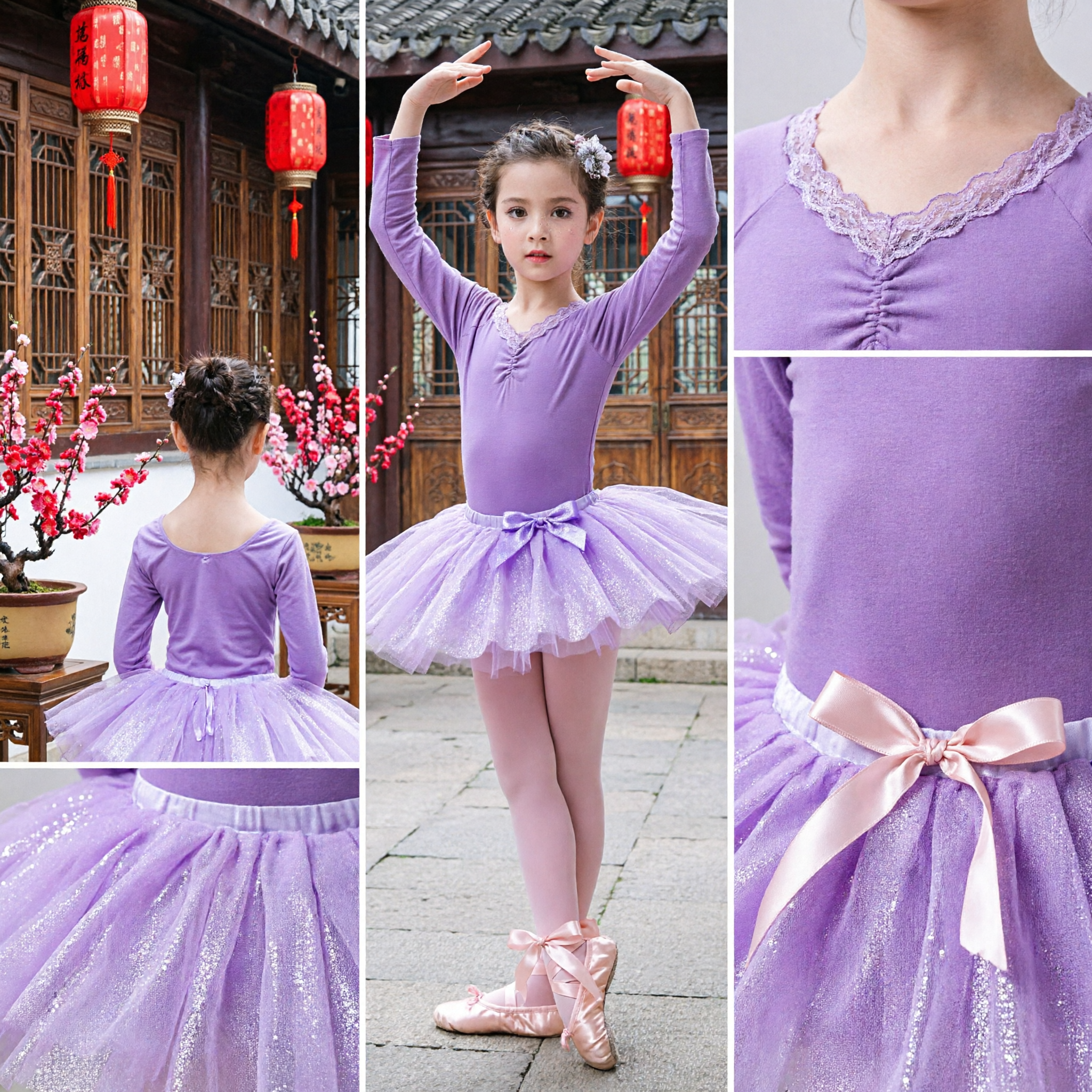 Girls Purple Chinese Dance Costume Long Sleeve Ballet Tutu Leotard Traditional Kids Performance Outfit - Asian Costume