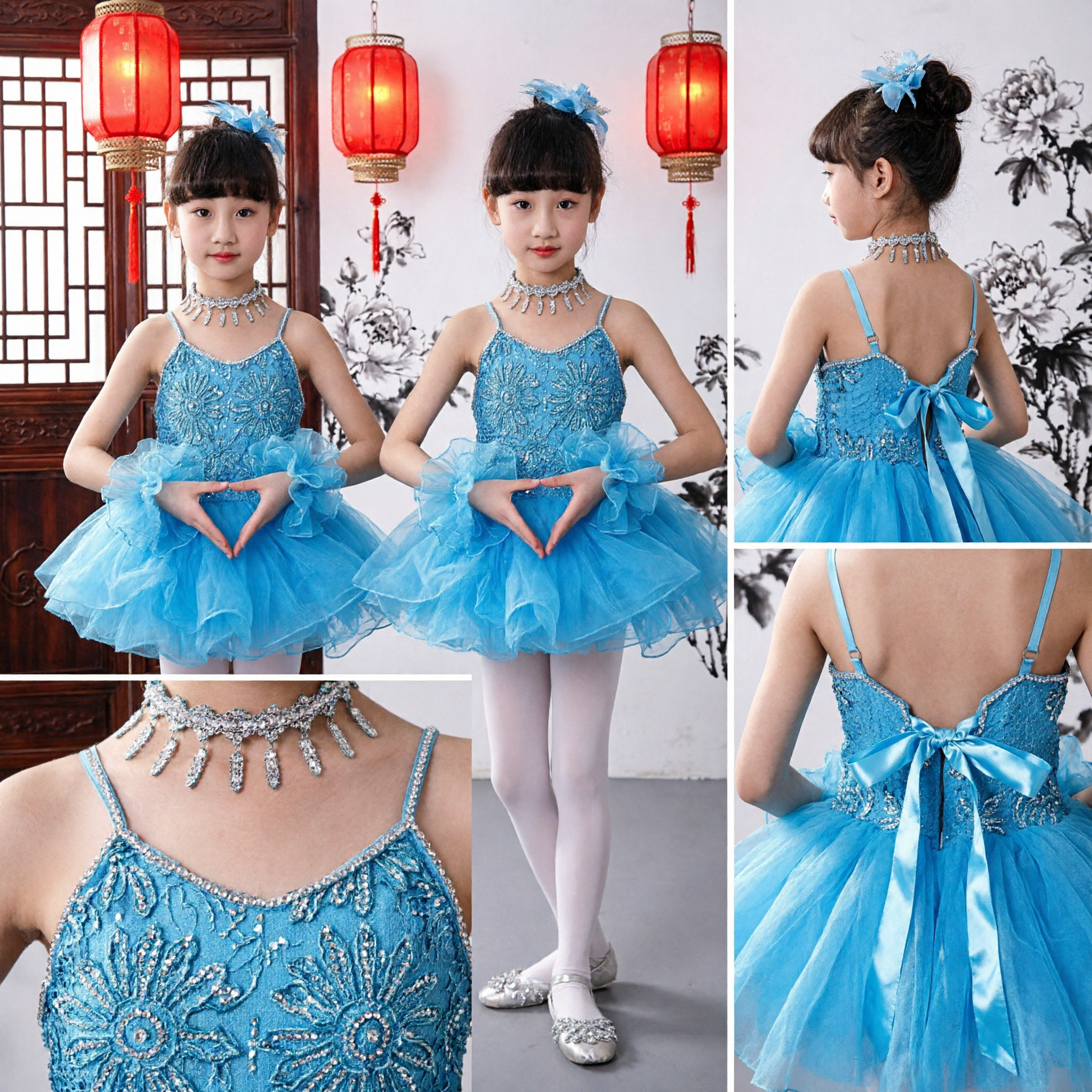 Girls Blue Sequin Ballet Tutu Dress Kids Modern Dance Performance Stage Costume Outfit - Asian Costume