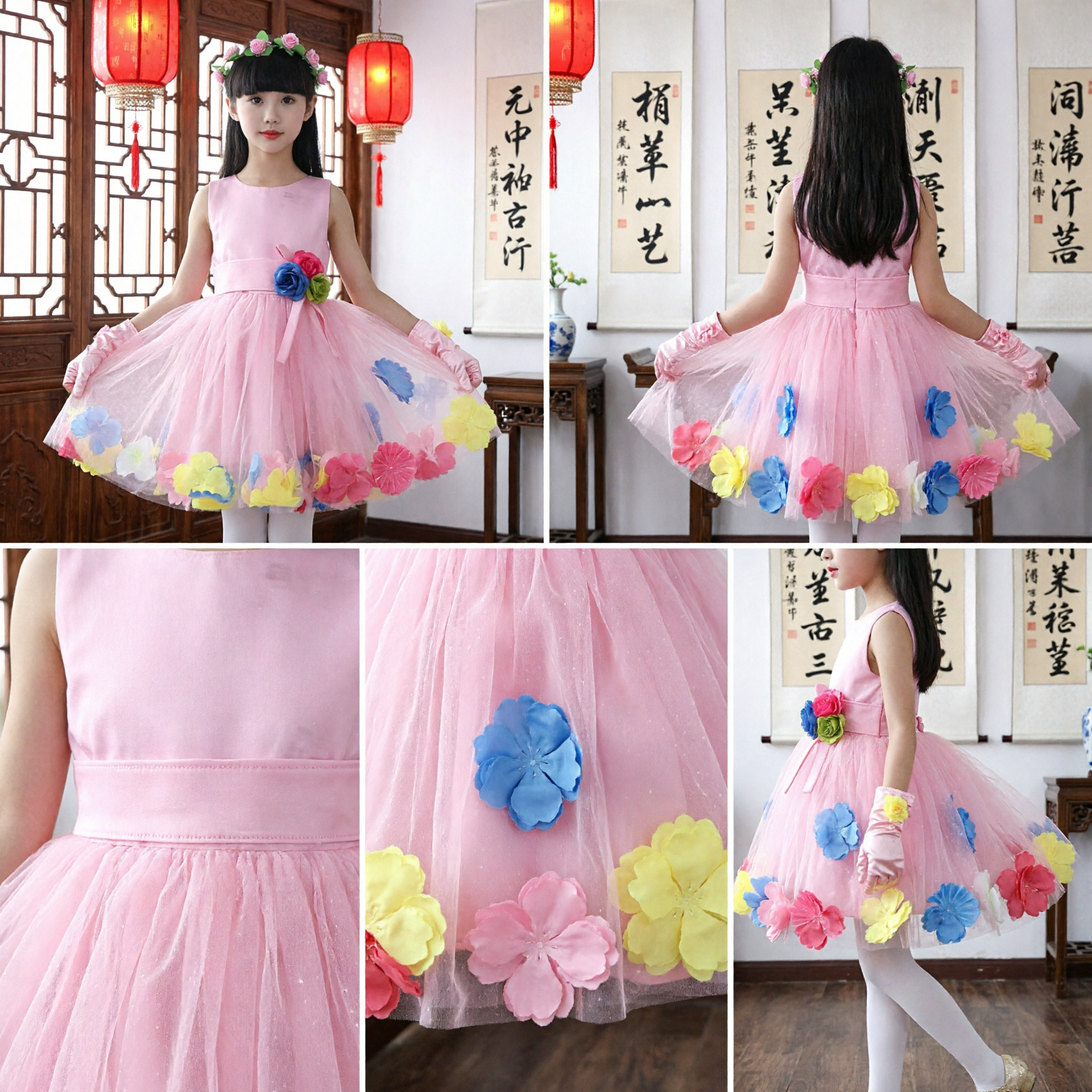 Beautiful Pink Floral Tulle Tutu Dress for Girls Stage Dance Performance Party Costume - Asian Costume