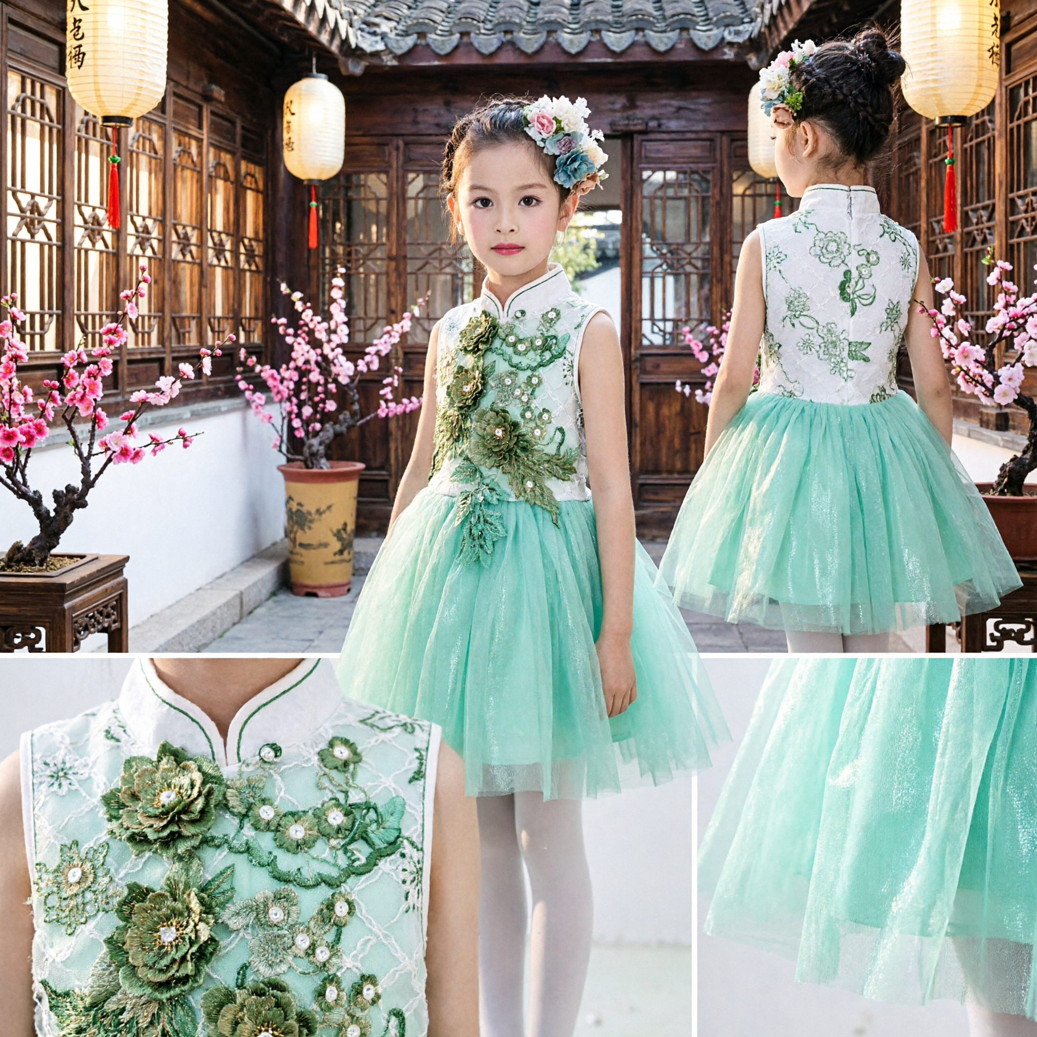 Girls Green Floral Embroidery Tulle Dress Princess Wedding Flower Girl Party Performance Costume Gown - Asian Costume