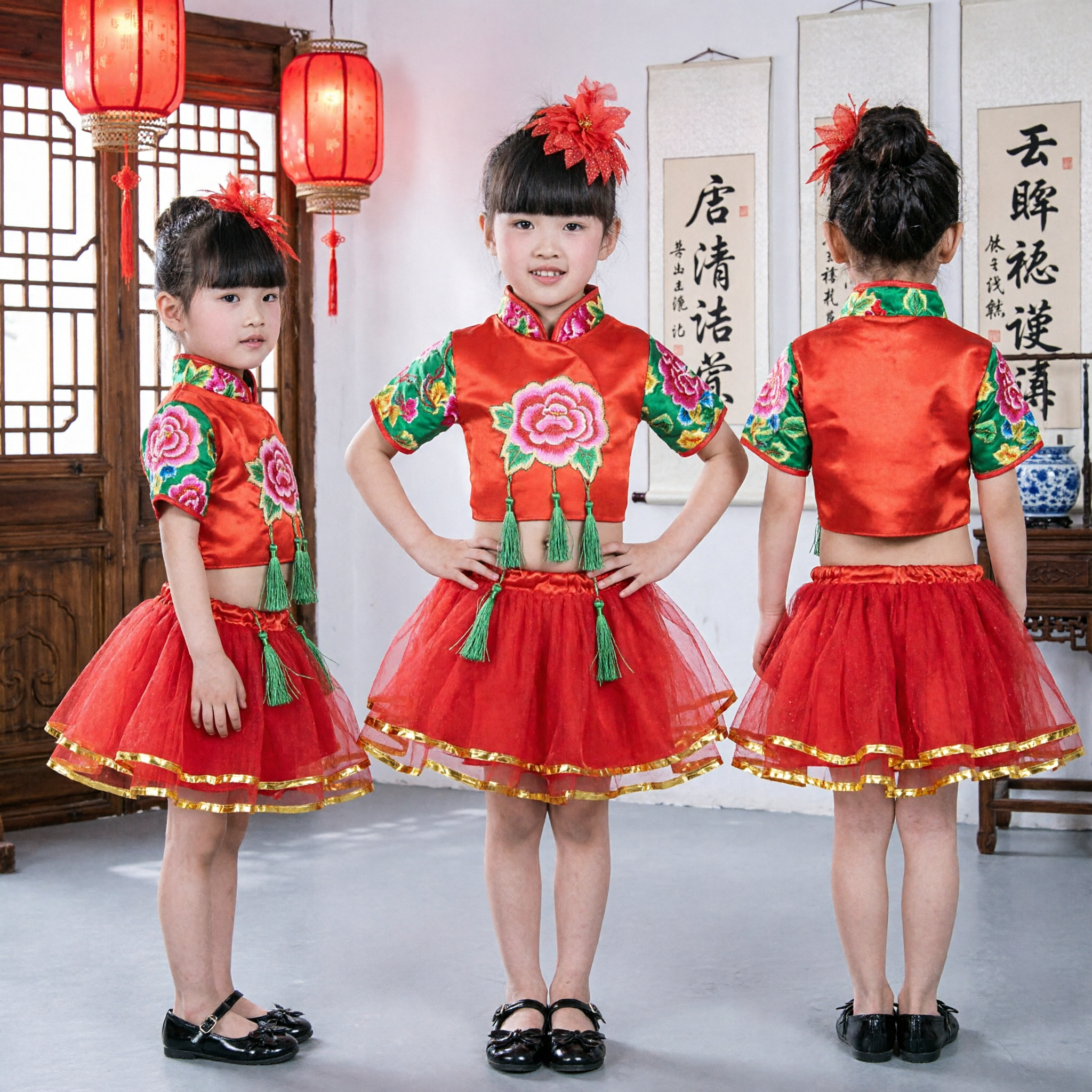 Girls Red Chinese Folk Dance Costume Traditional Cheongsam Top with Tulle Skirt Performance Wear - Asian Costume