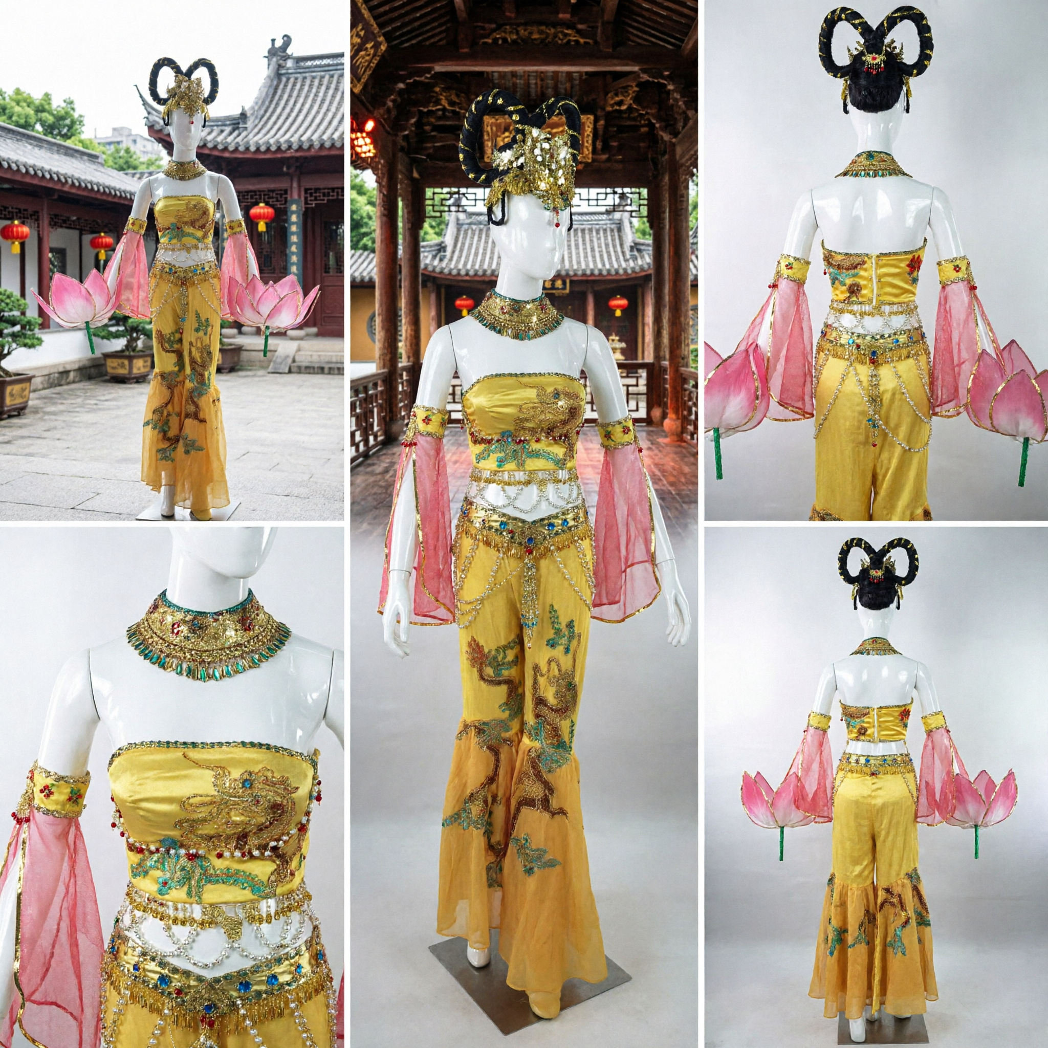 Traditional Chinese Dunhuang Flying Apsaras Dance Costume Yellow Classical Dress with Lotus Props for Women Stage Performance - Asian Costume