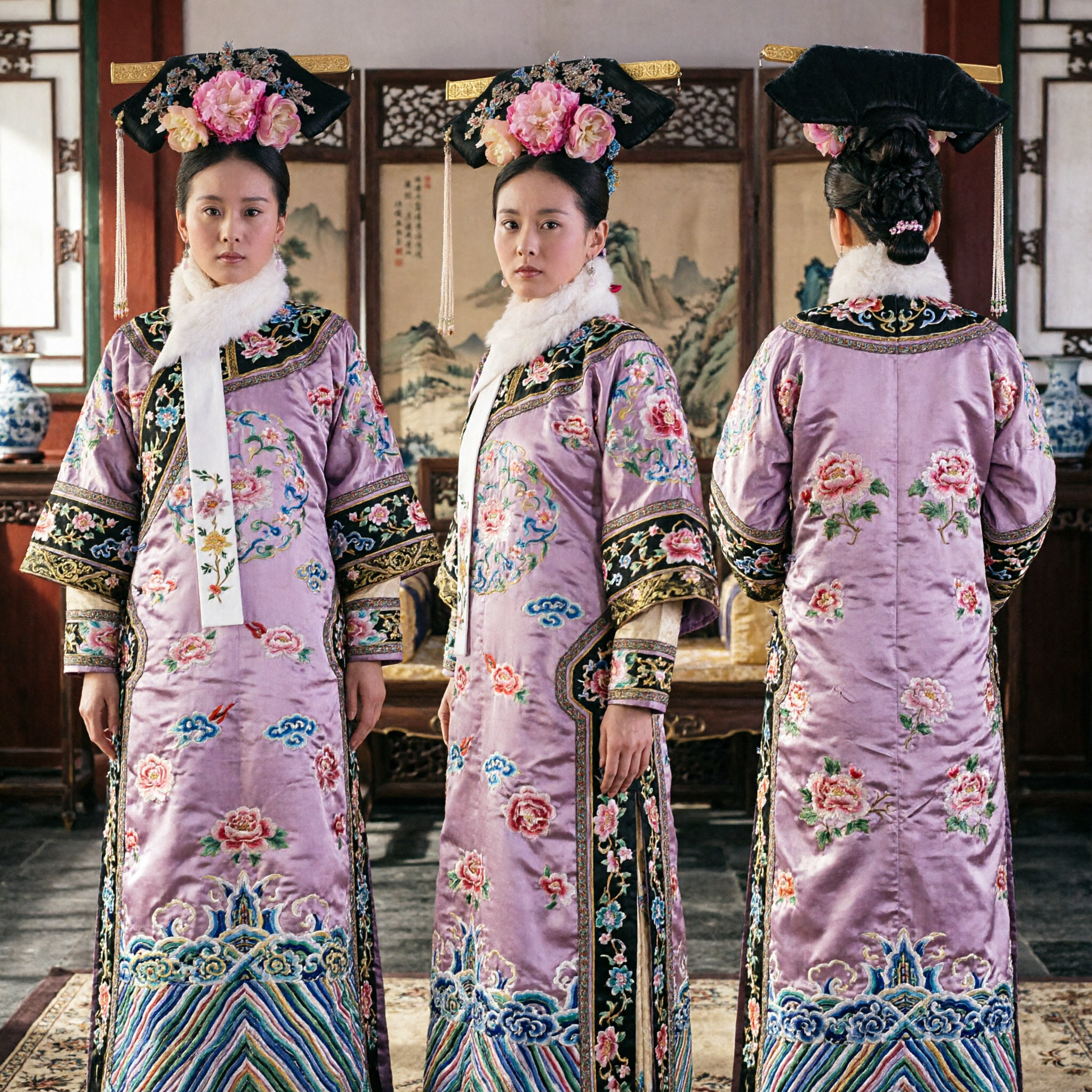 Traditional Chinese Qing Dynasty Manchu Princess Headdress with Pink Peonies and Embroidery for Hanfu Cosplay - Asian Costume