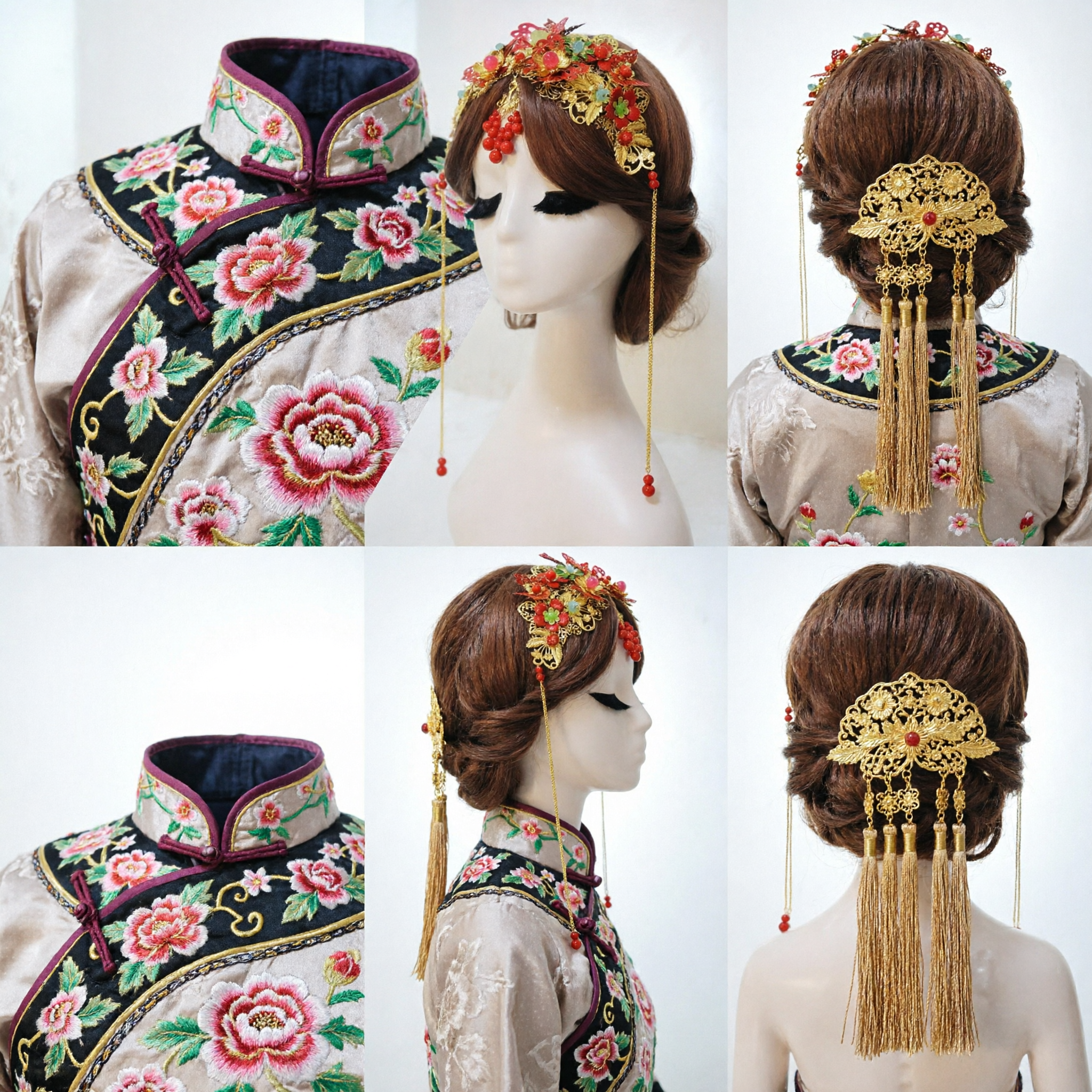 Traditional Chinese Wedding Hair Accessory Gold Filigree Headpiece with Red Beads and Flowers for Hanfu Bridal Costume - Asian Costume