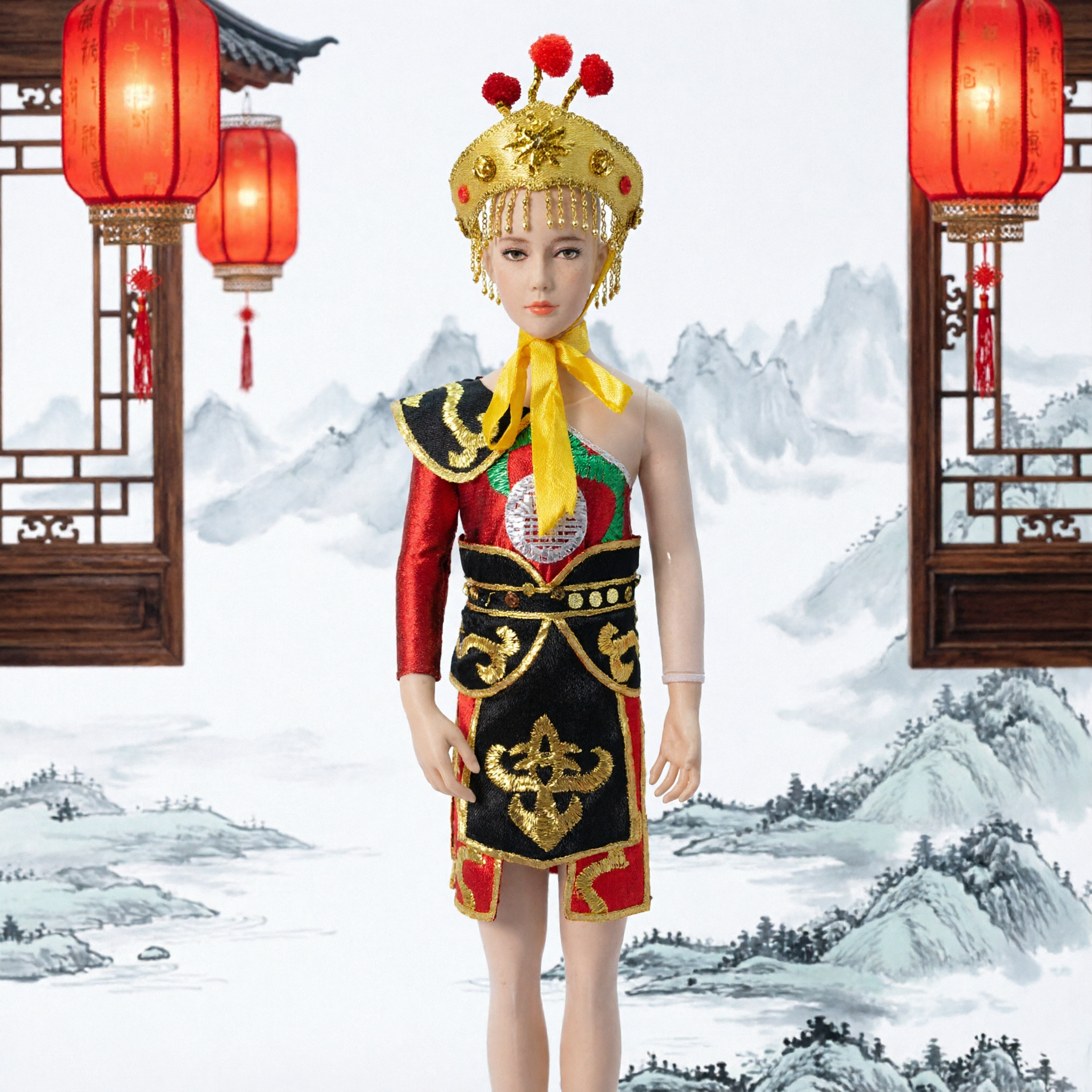 Kids Traditional Chinese Peking Opera Costume Yellow Headdress Black Gold Embroidery Dress for Stage Performance - Asian Costume
