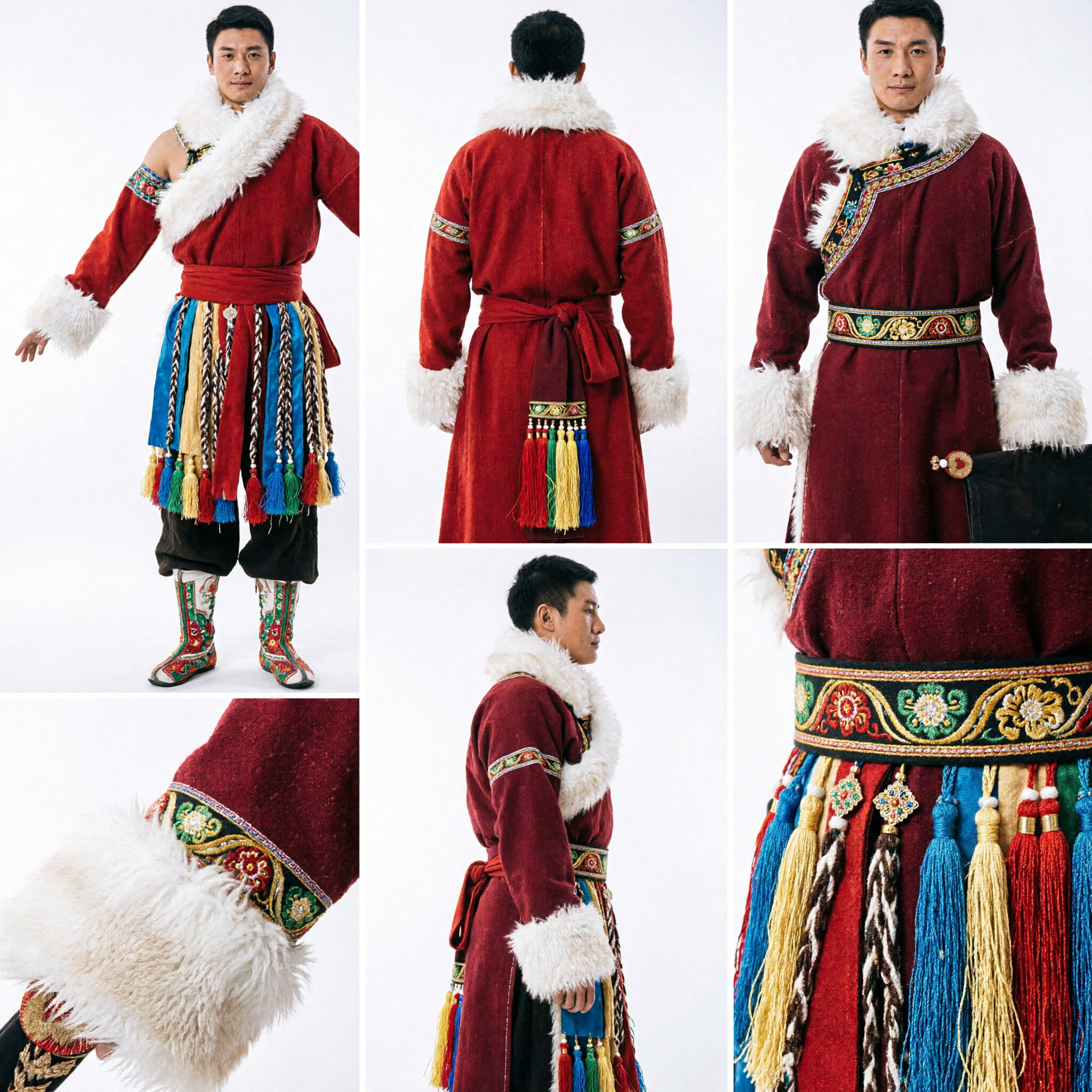 Men's Traditional Tibetan Folk Dance Costume Red Fur-Trimmed Robe and Hat for Stage Performance - Asian Costume