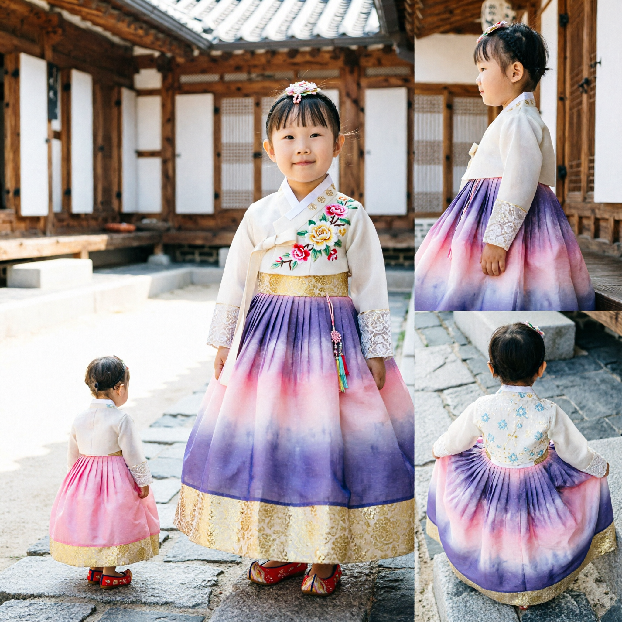Kids Girls Korean Hanbok Traditional Dress Floral Pattern Top Pink Skirt Wedding Party Costume - Asian Costume