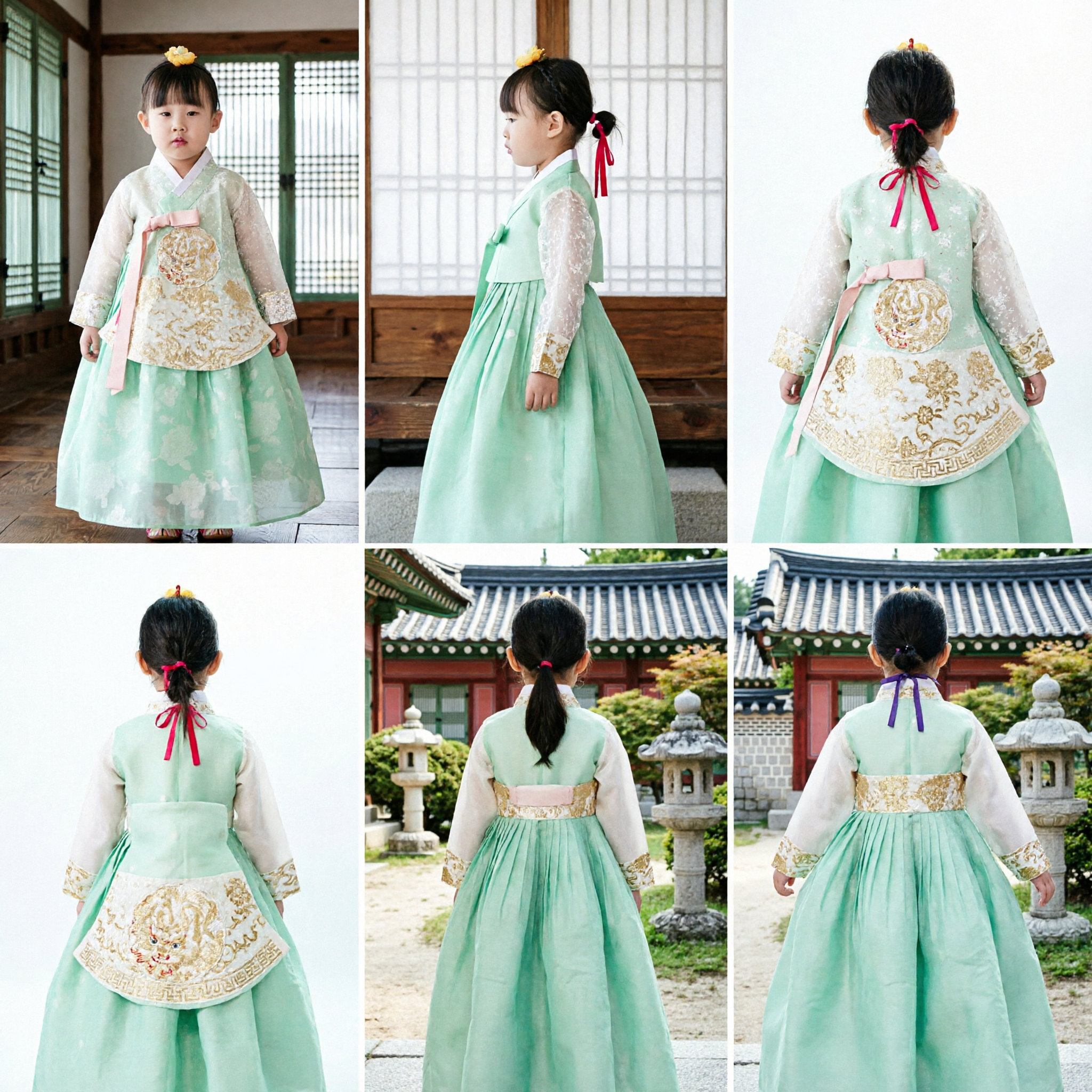 Toddler Girl Traditional Korean Hanbok Set Mint Green Lace Top and Floral Skirt for Holidays - Asian Costume