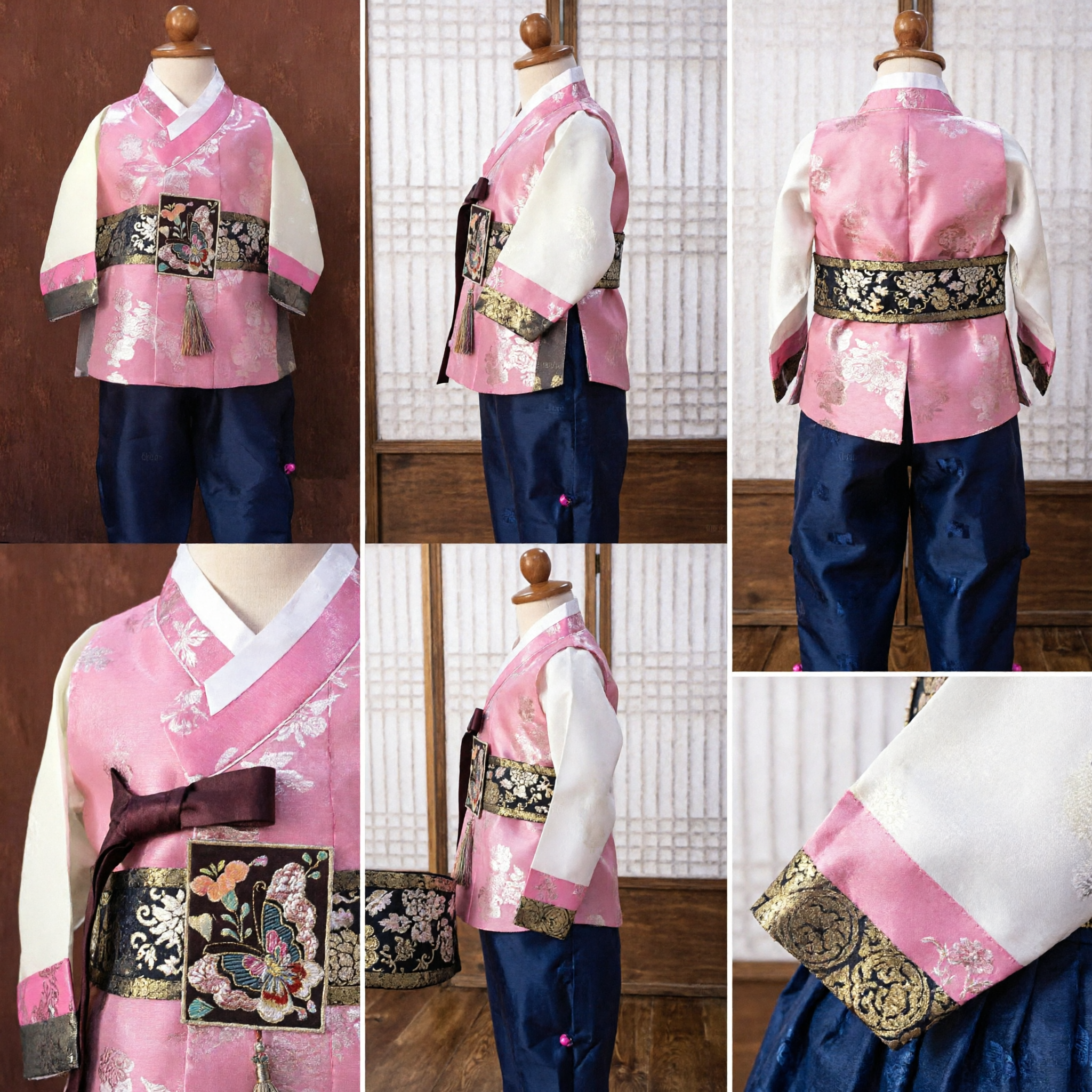 Set Hanbok Tradizionale Coreano per Bambini Top Floreale Rosa Pantaloni Blu Fascia Farfalla per Celebrazione Primo Compleanno - Asian Costume
