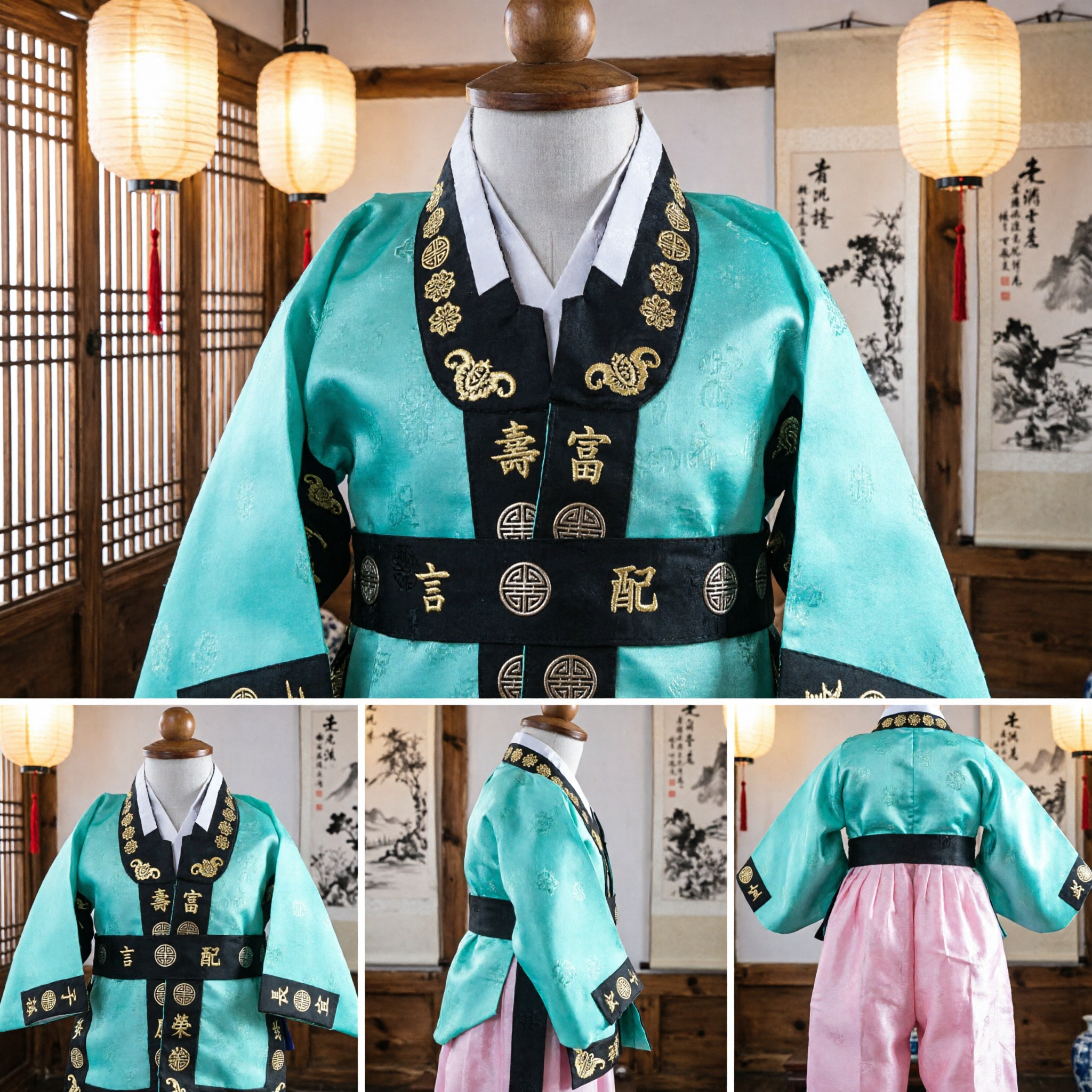 Traditional Korean Hanbok for Boys Teal Jeogori with Gold Embroidery and Pink Pants Wedding Outfit - Asian Costume