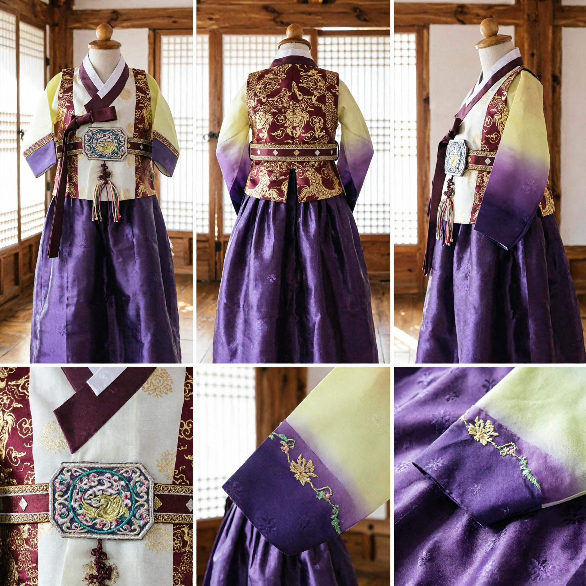 Traditional Korean Hanbok Boy Costume Set with Embroidered Vest and Dragon Belt for Wedding Ceremonies - Asian Costume