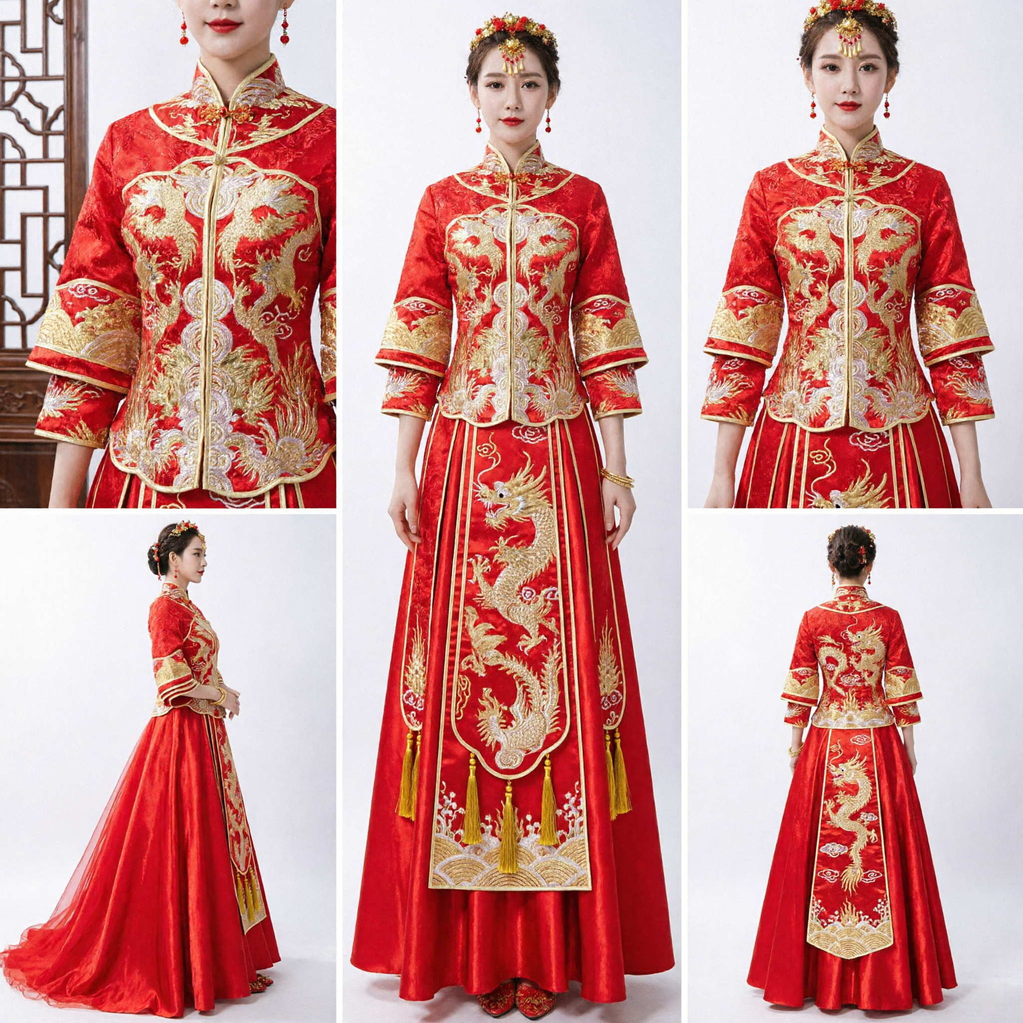 Traditional Chinese Wedding Dress Red Dragon Phoenix Embroidery Xiuhe Suit Bridal Gown for Bride - Asian Costume