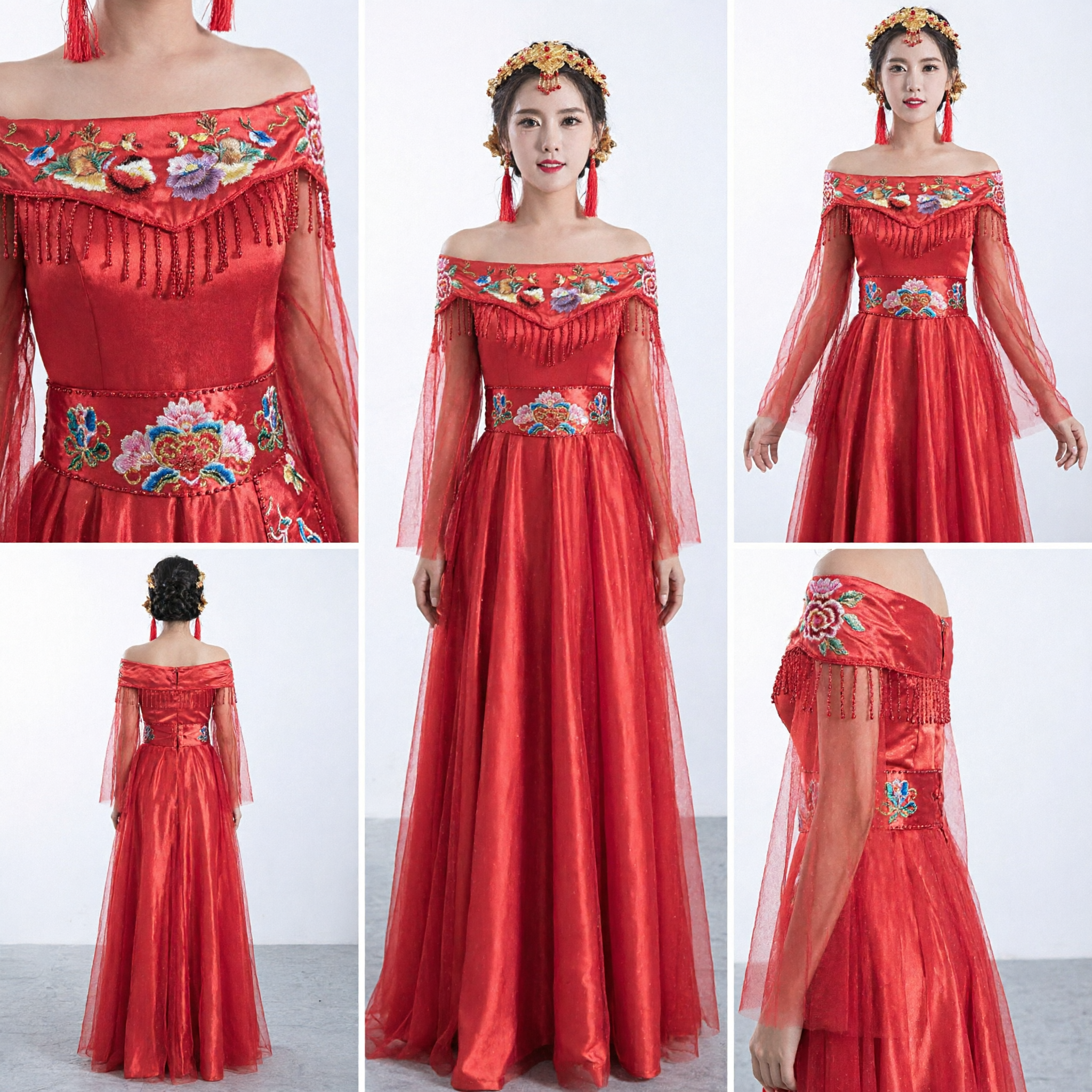 Chinese Traditional Red Wedding Dress Off-Shoulder Floral Embroidery Gown for Bride and Evening Party - Asian Costume