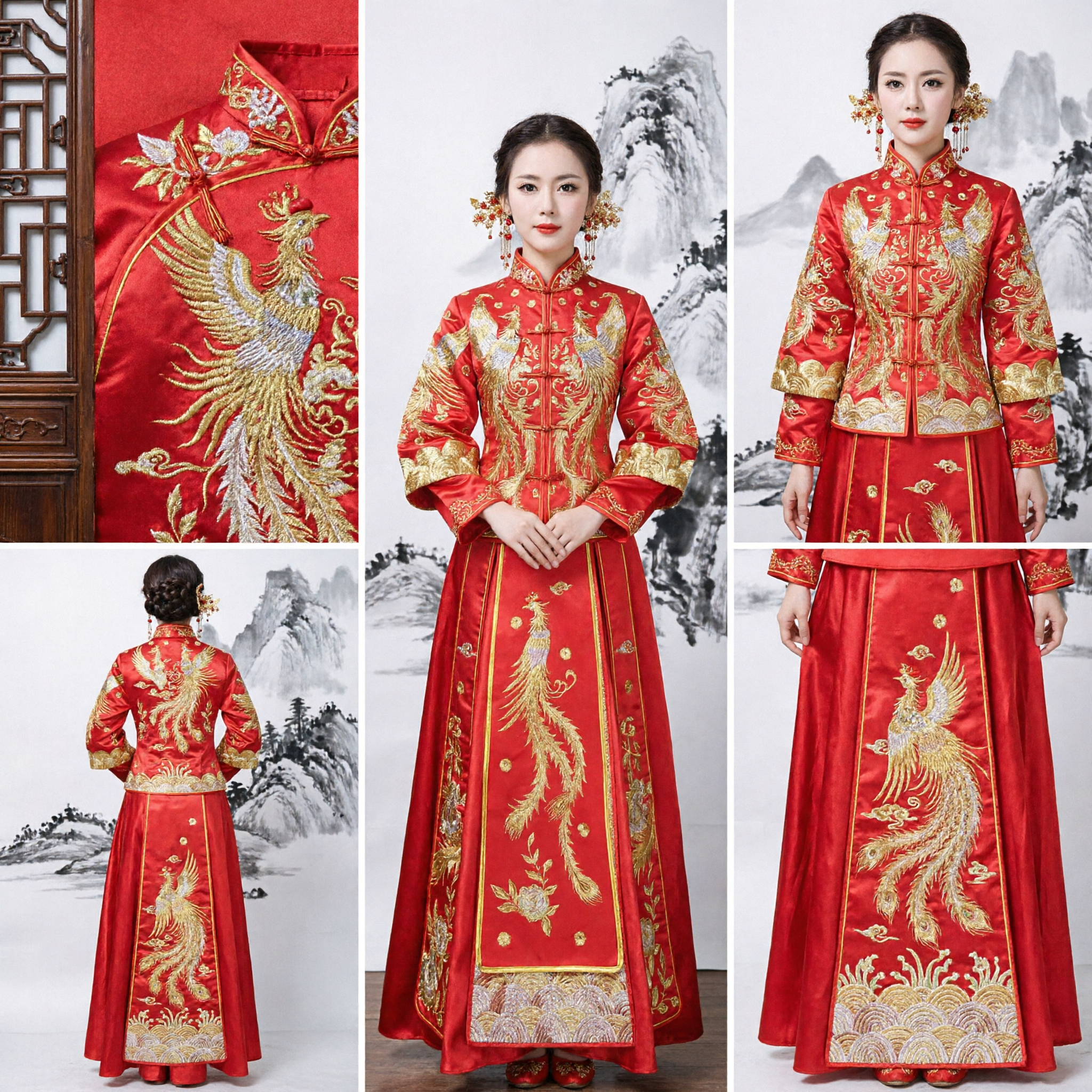 Traditional Chinese Wedding Dress Red Xiuhe Suit Gold Phoenix Embroidery Bridal Gown for Tea Ceremony - Asian Costume