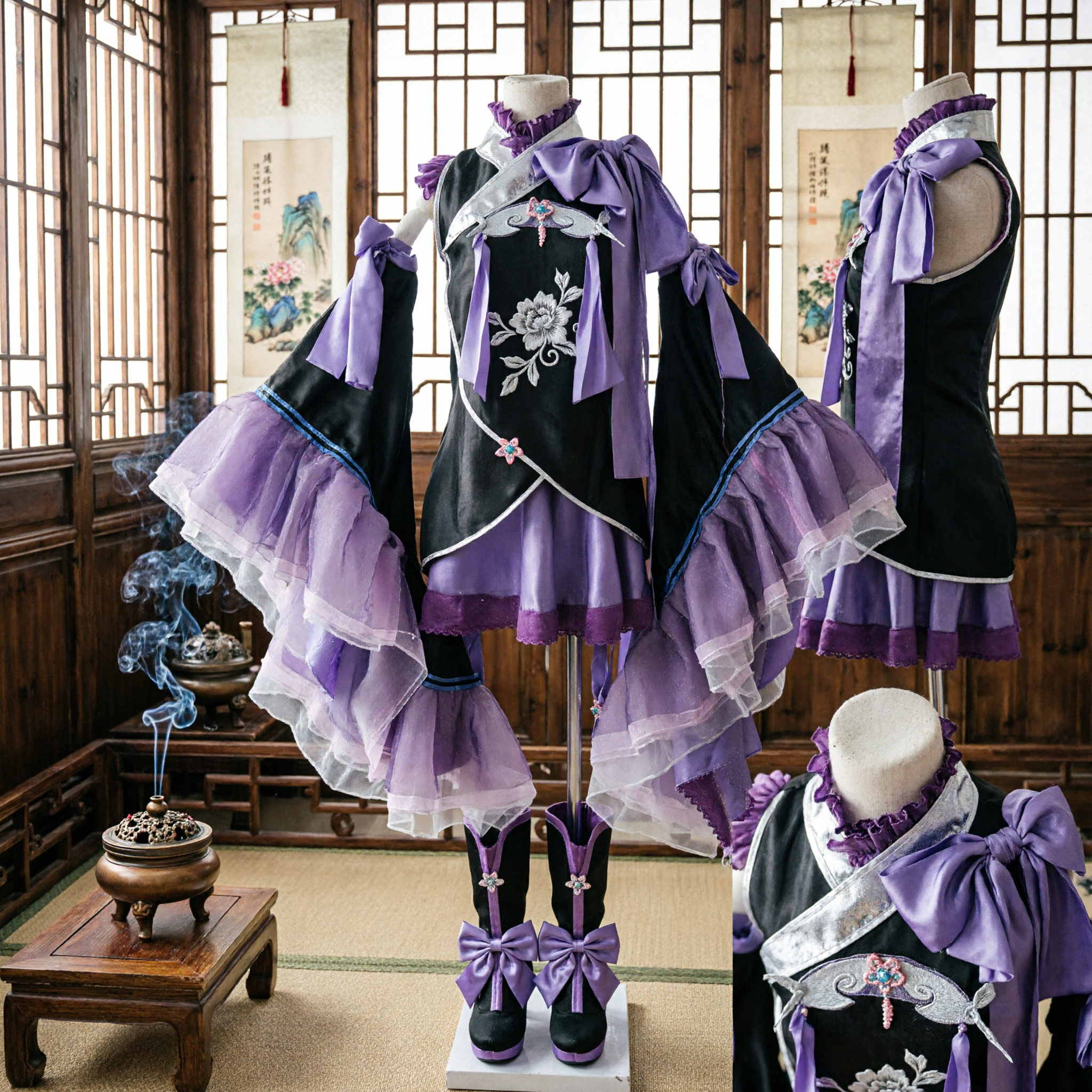 Elegant Purple and Black Fantasy Cosplay Costume with Ruffled Tulle Sleeves for Anime Convention Halloween Roleplay - Asian Costume