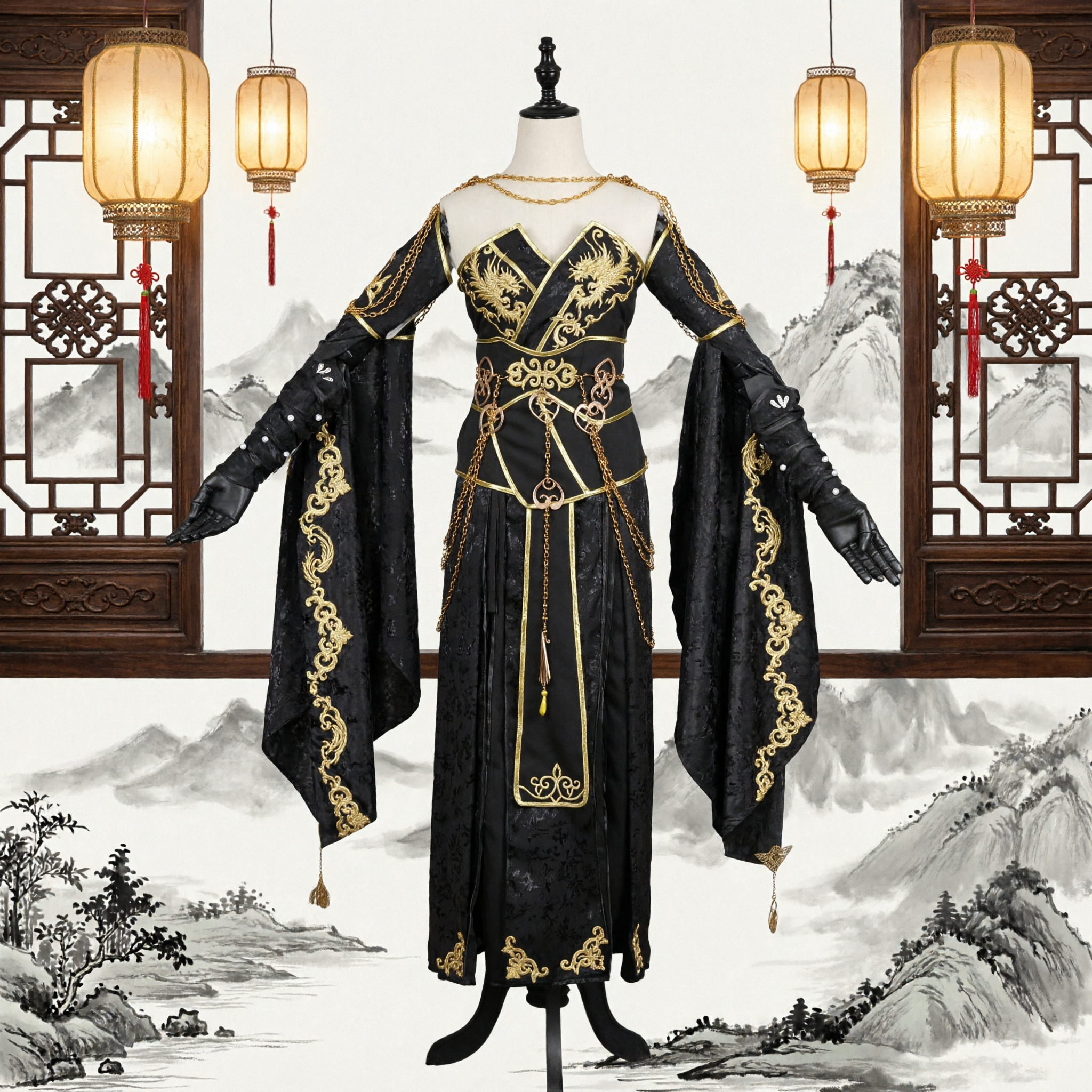 Ancient Chinese Wuxia Assassin Costume Black Gold Embroidered Hanfu Traditional Knight Cosplay Outfit for Women - Asian Costume