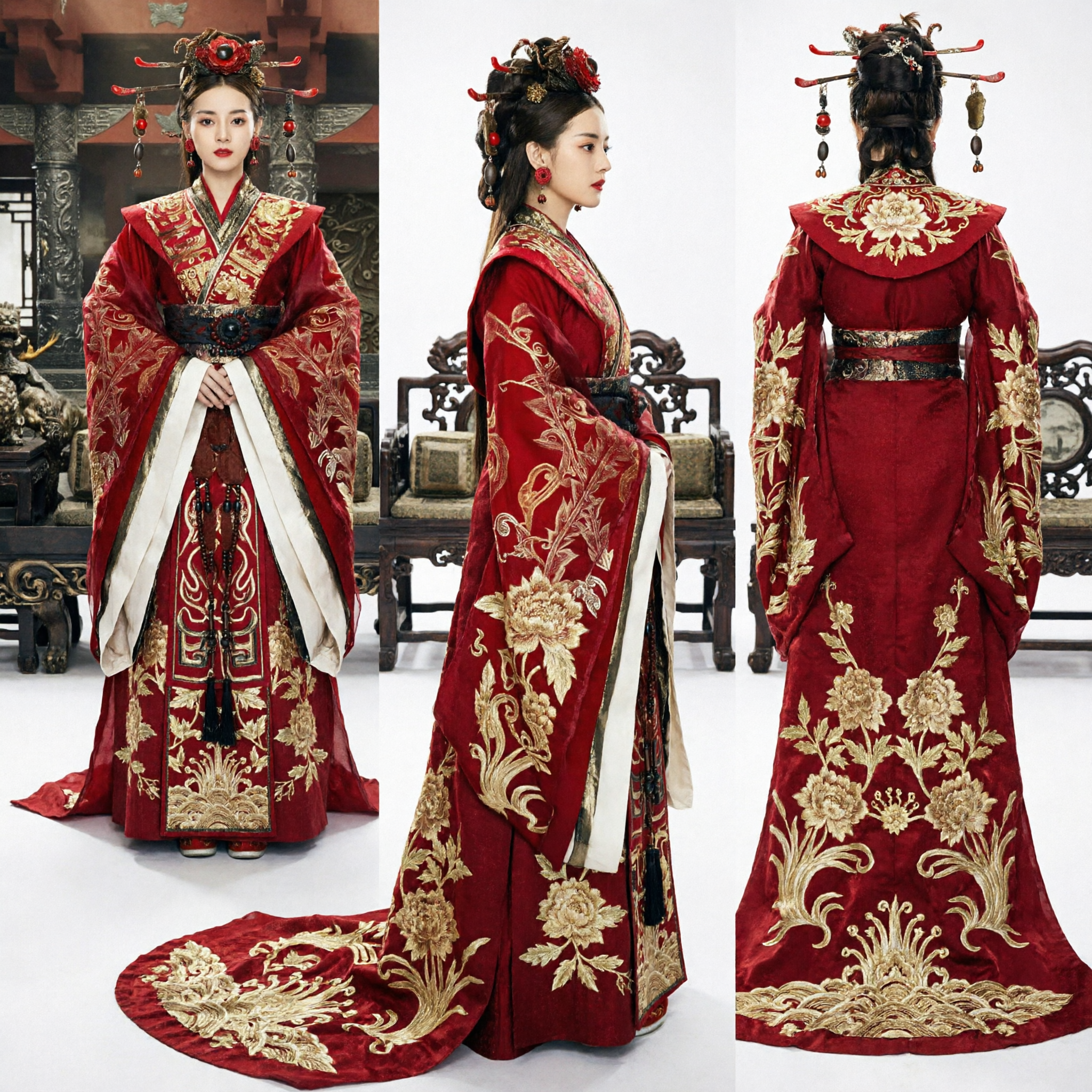 Traditional Chinese Ancient Red Velvet Hanfu Embroidered Queen Empress Wedding Dress Historical Costume for Women - Asian Costume