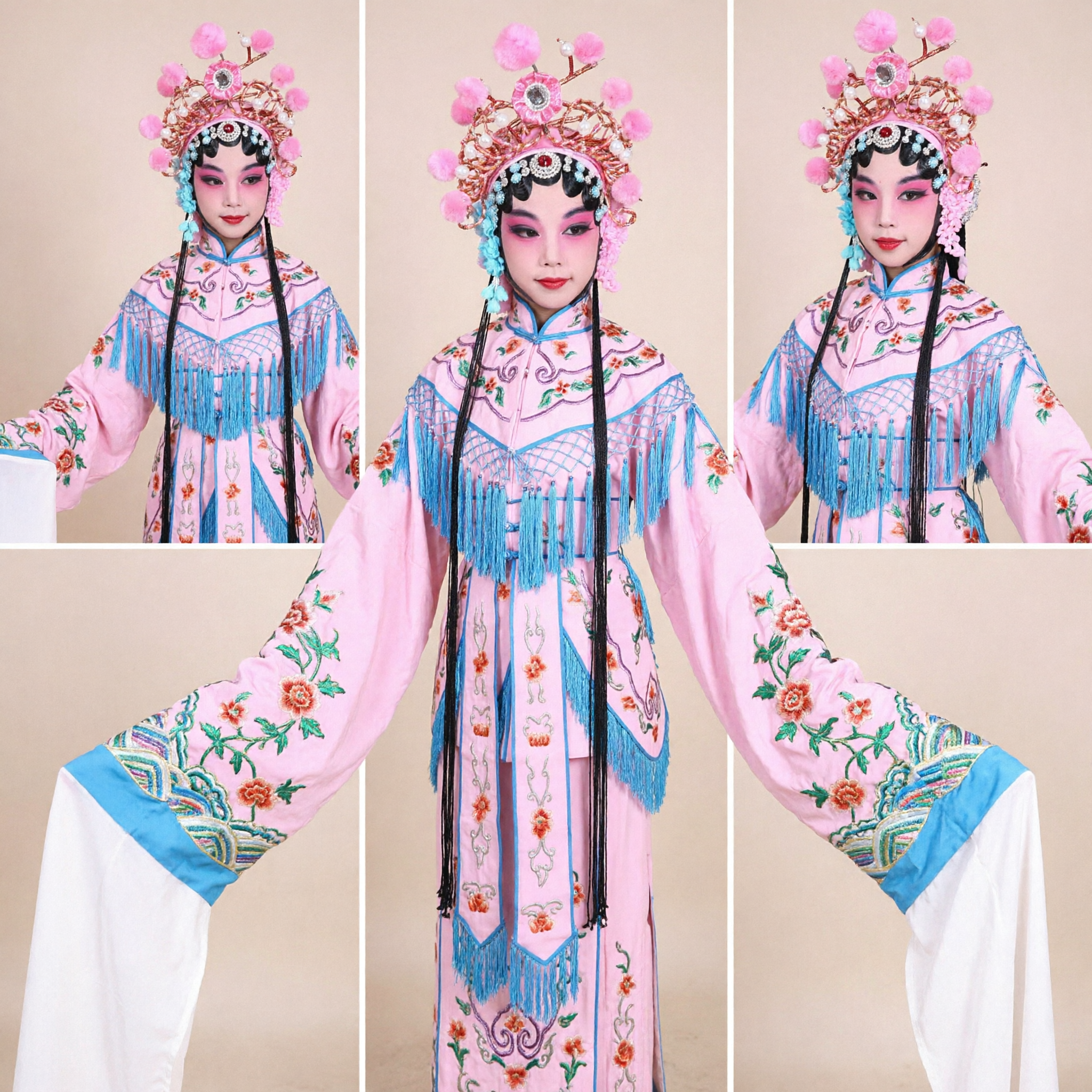 Traditional Peking Opera Costume for Girls Pink Embroidered Warrior Dress with Headdress for Kids Stage Show - Asian Costume