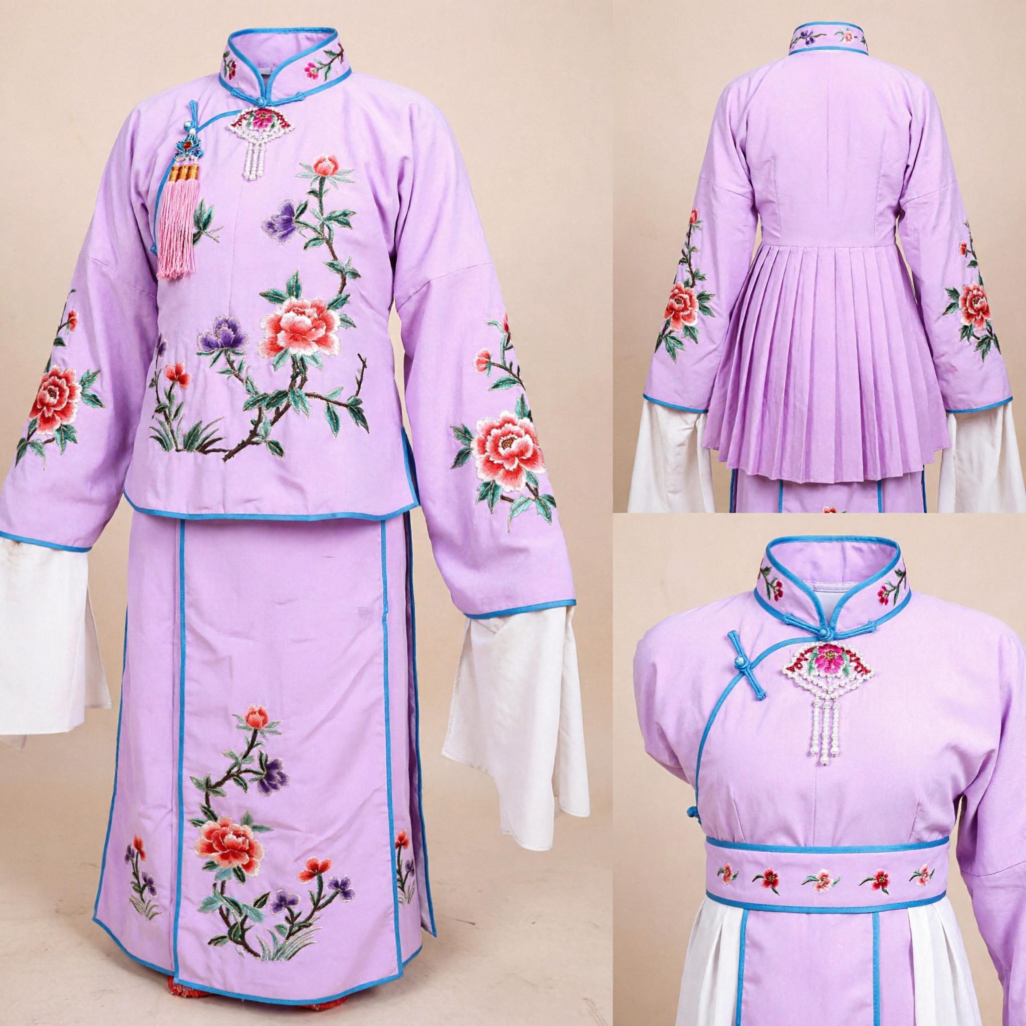 Traditional Chinese Peking Opera Costume Purple Floral Embroidered Robe with Headdress for Kids Stage Performance - Asian Costume