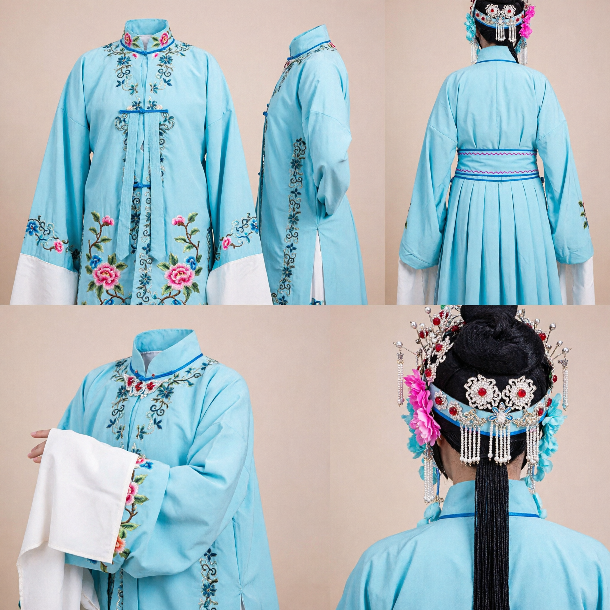 Traditional Chinese Beijing Opera Costume Blue Embroidered Robe and Skirt Set for Female Stage Performance - Asian Costume