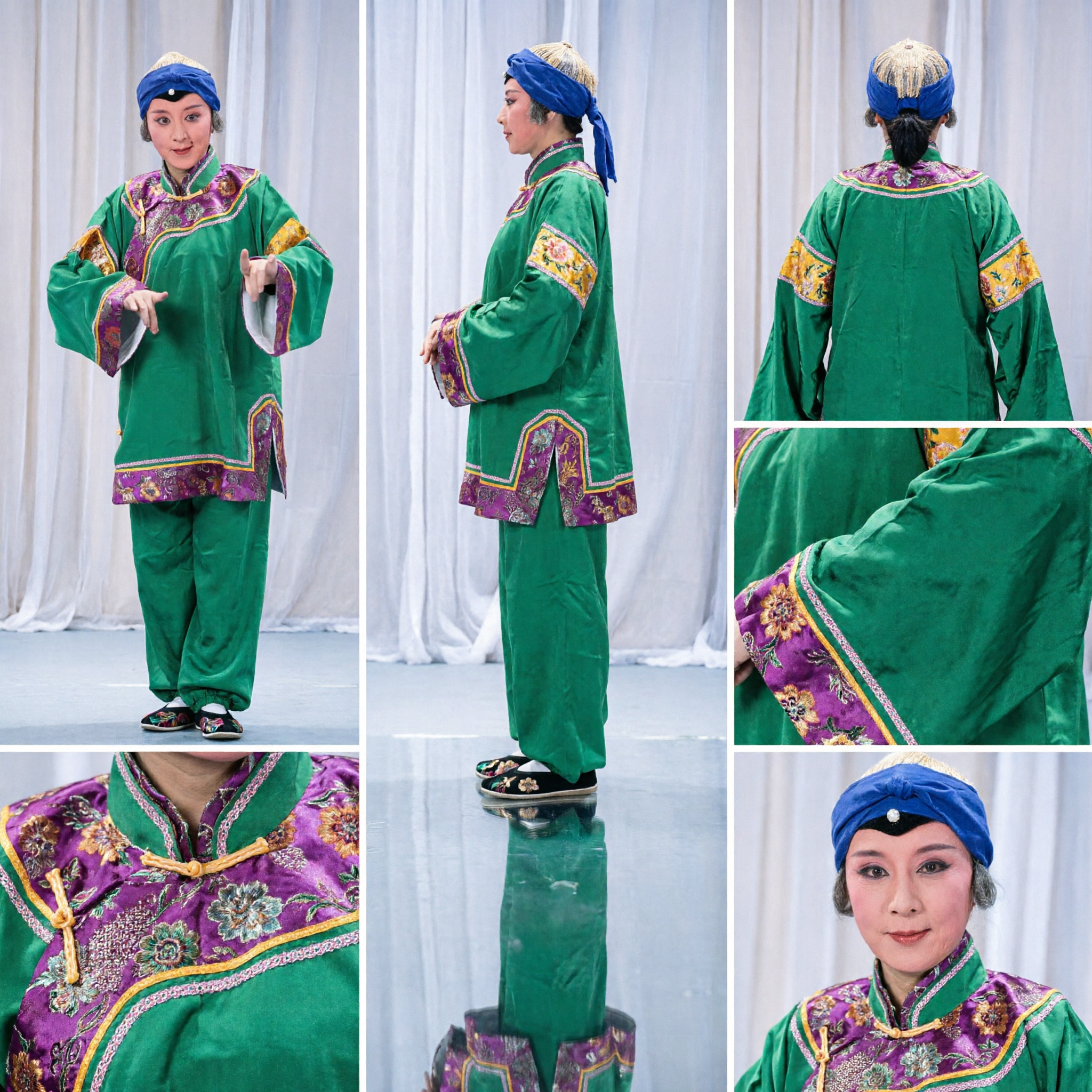 Traje Tradicional da Ópera Chinesa, Robe Verde com Bordados Roxos para o Papel de Palhaço na Ópera de Pequim - Asian Costume