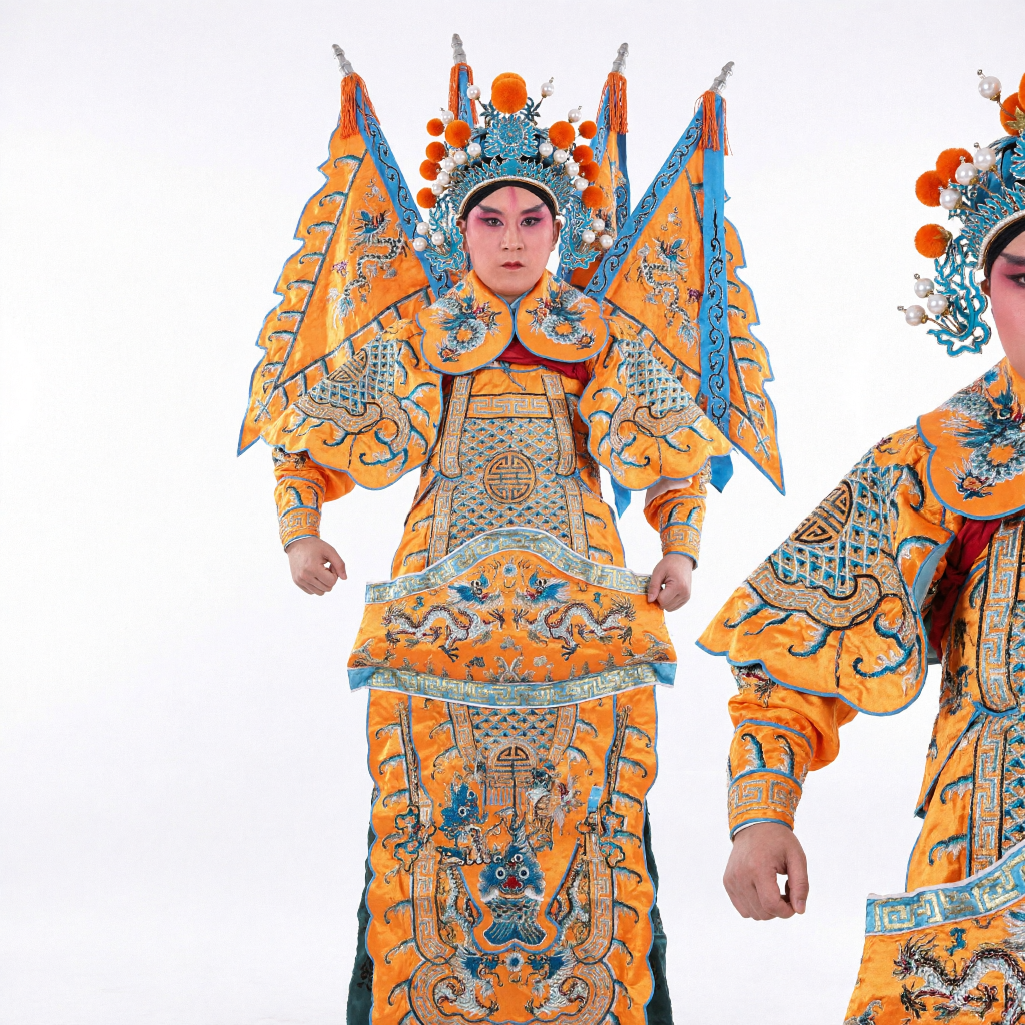 Traditional Chinese Beijing Opera General Costume Orange Embroidered Armor with Flags for Men Stage Performance - Asian Costume