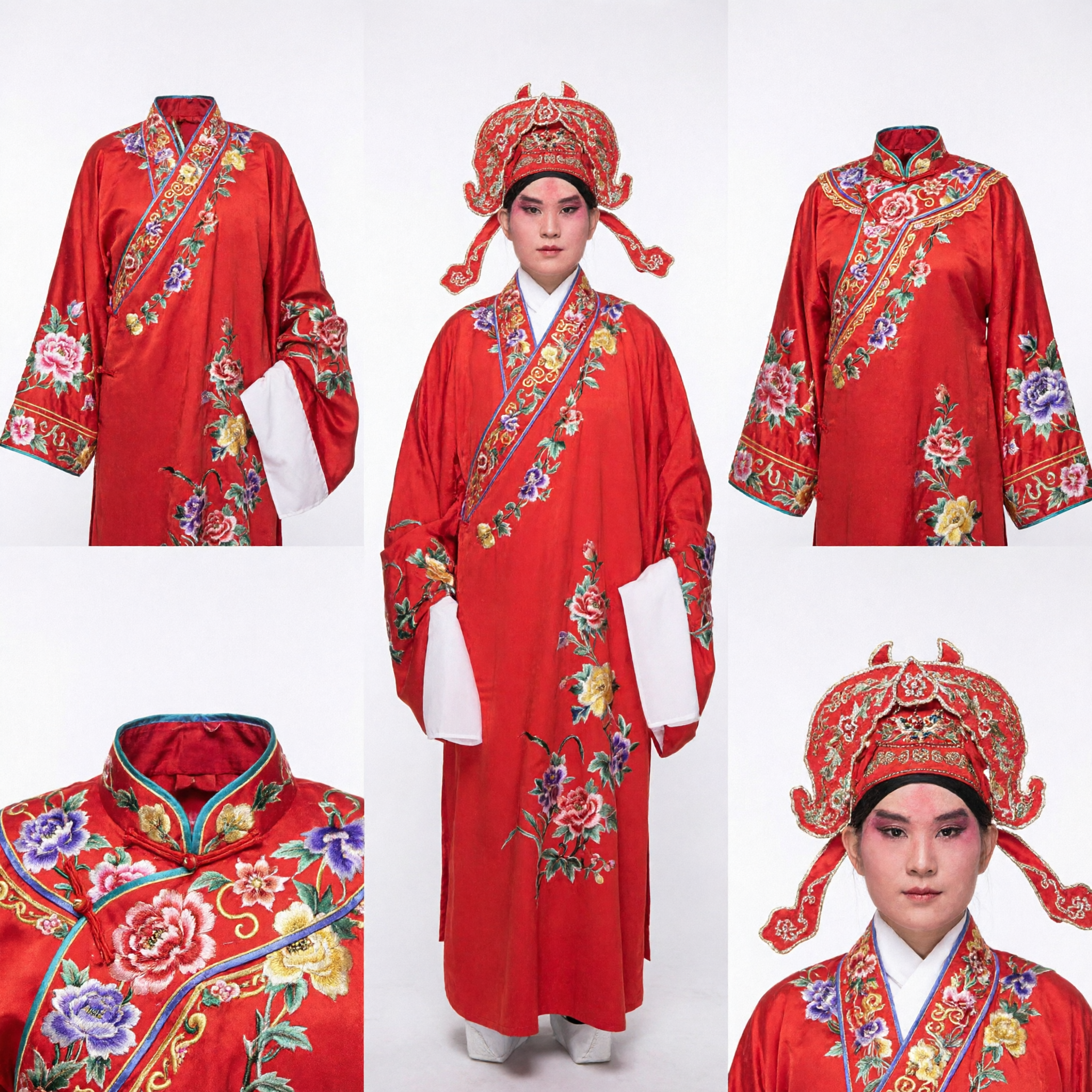 Traditional Chinese Peking Opera Costume Red Embroidered Scholar Robe and Hat Complete Set for Men Performance - Asian Costume